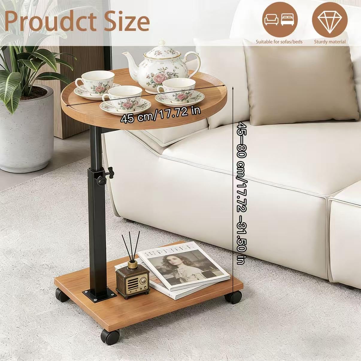 Mesa auxiliar con ruedas, mesa auxiliar regulable en altura y ruedas (45-80 cm) en forma de C de madera con ruedas giratorias de 360°, pequeña mesa de centro para salón, sofá y cama (color