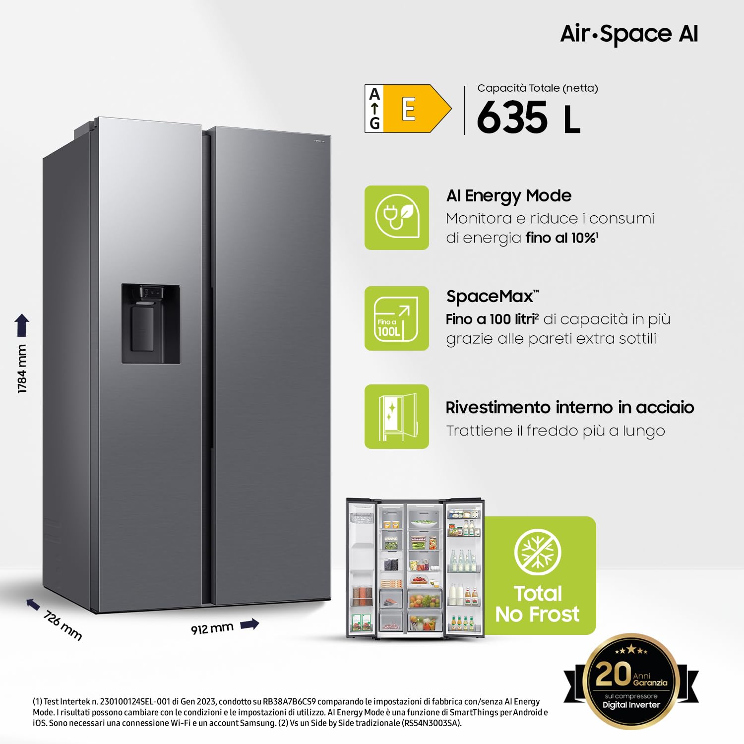 Refrigeratore AI RS70F64KET/EF Side by Side 635 L Wi-Fi Energia - Dettaglio