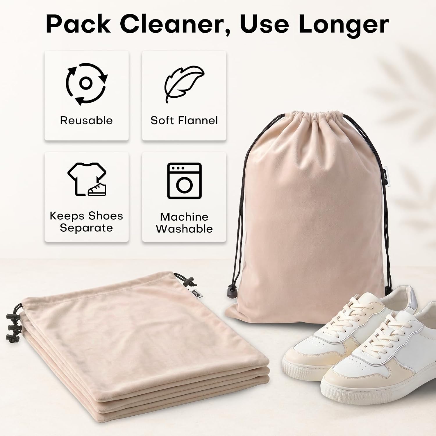 4 Pack Flannel Cloth Shoe Bags for Travel & Packing for Women & Men