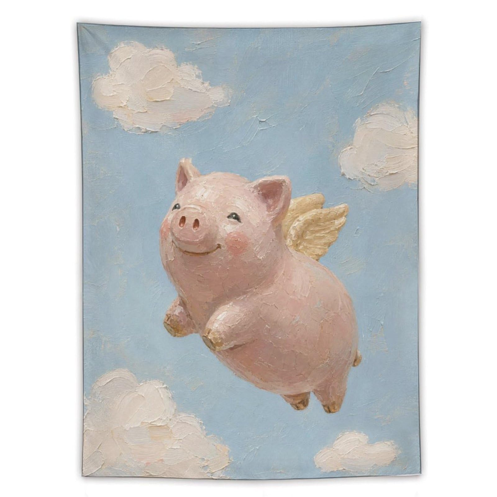W7C8U2X3 Flying Pig Cloudy Sky Wall Tapestry, Naive Art, Room Divider