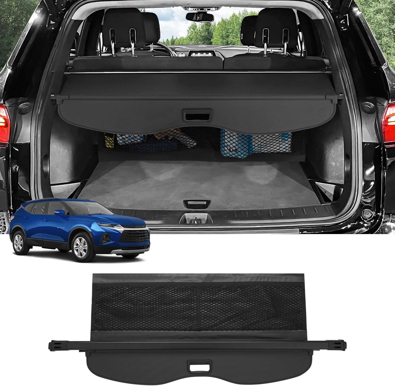 Autorder Cargo Cover for 2019-2022 2023 2024 Chevrolet Blazer Accessories Upgraded Trunk Cover with Extra Storage Net Carbon Fiber Retractable Security Shield Shade Cover