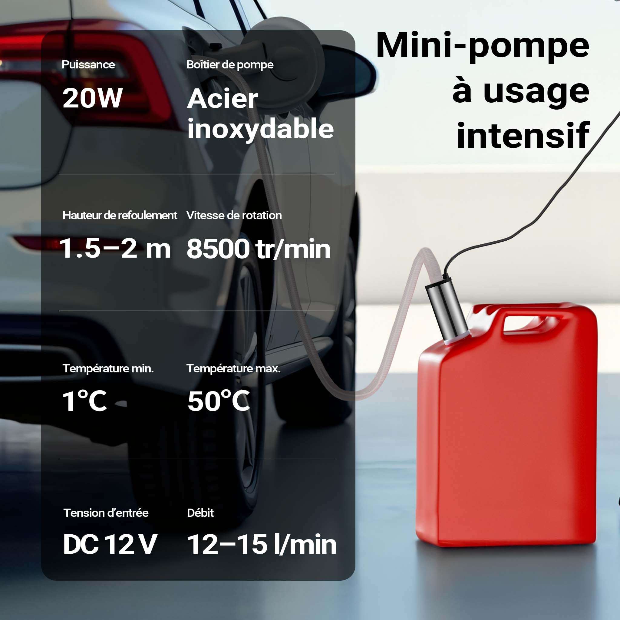 Wiltec Mini pompe à Gasoil et Eau – 12 V / 20 W / 12-15 l/min 8500 tr/min – Submersible – avec Câble et sonde – Pour Vidange de liquide Extraction Drainage