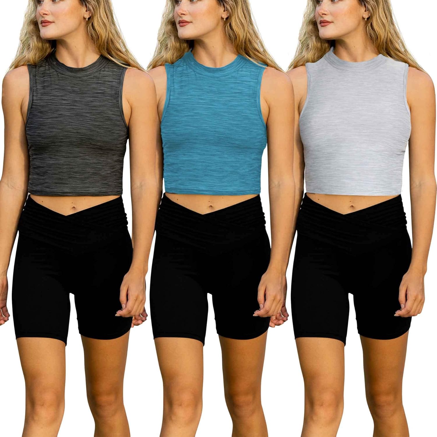 SUMONA 3 Pack Assorted Color Everyday Casual Sport Yoga Women Mock High Neck Crop Tops