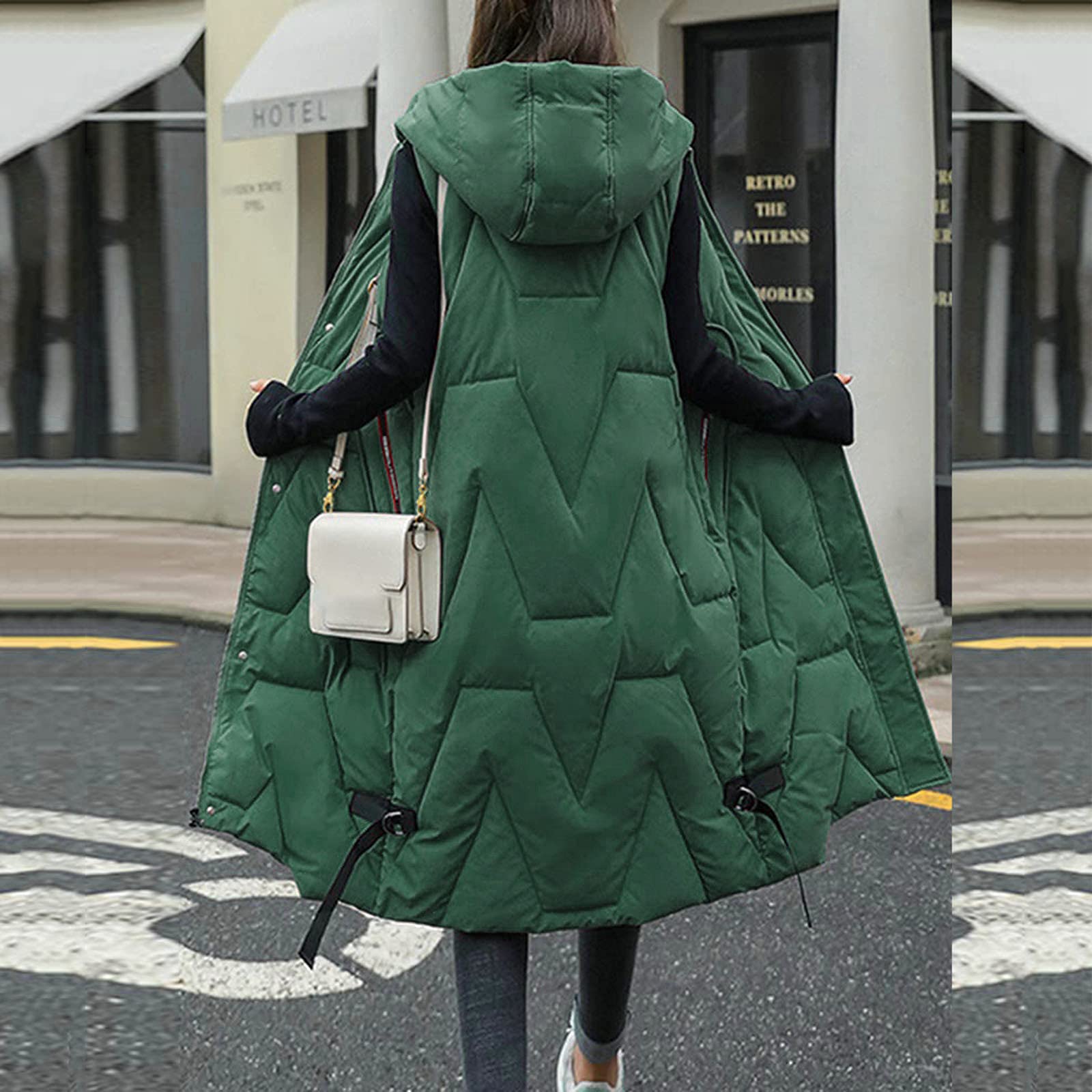 IQYU Giubbotto lungo da donna trapuntato leggero con cappuccio, gilet lungo sottile in piumino, giacca invernale trapuntata, senza maniche, con cappuccio, portatile, antivento, gilet in piumino, M XXL