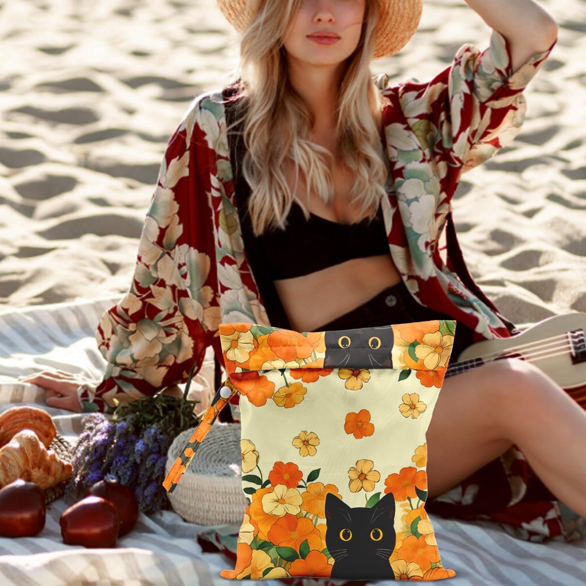 Black Cat Floral Wet Dry Bags Reusable Waterproof Wet Bags Swimsuit Bag Diaper Pouch for Travel Towels Beach Gym Cat Gifts for Women Friend Travelers 10 x 13 Inches