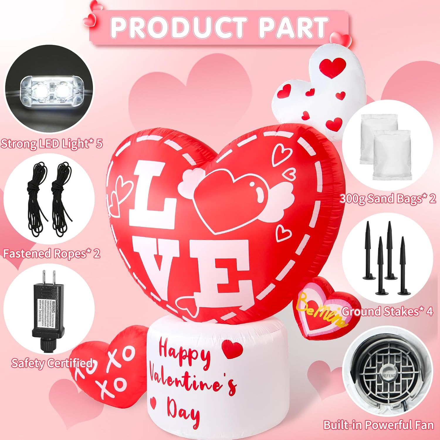 6 FT Valentines Day Inflatable Outdoor Decorations, Blow up Valentine's Day Love Heart Yard Decor, Built-in LED Lights Valentine Holiday Decorations for Outside Lawn Garden Wedding Indoor