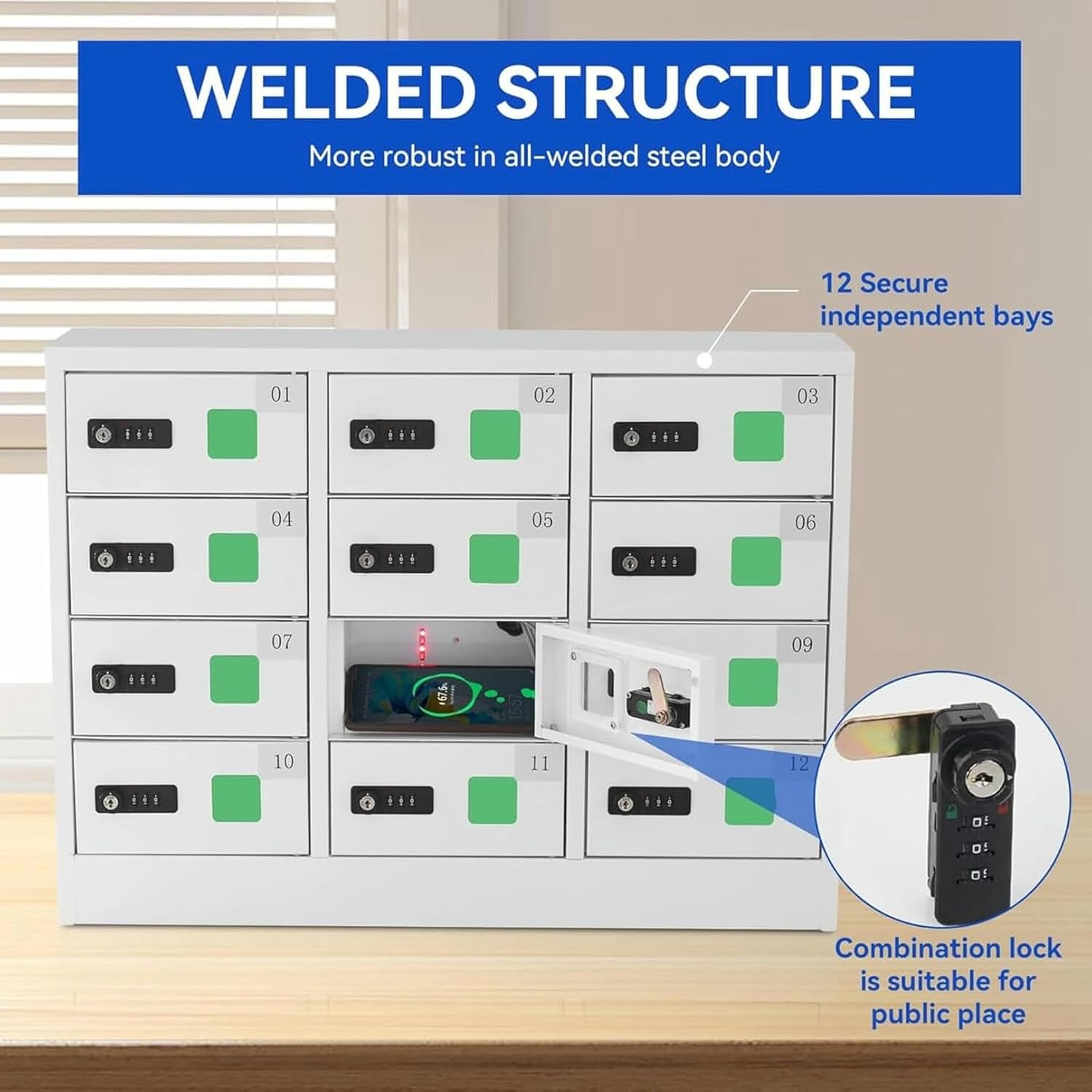 Cell Phone Charging Station, 12 Slots Cell Phone Steel Locker with Combination Lock and 3-in-1 Charging Ports Combination Lock Cell Phone Storage Bag for Schools Airports