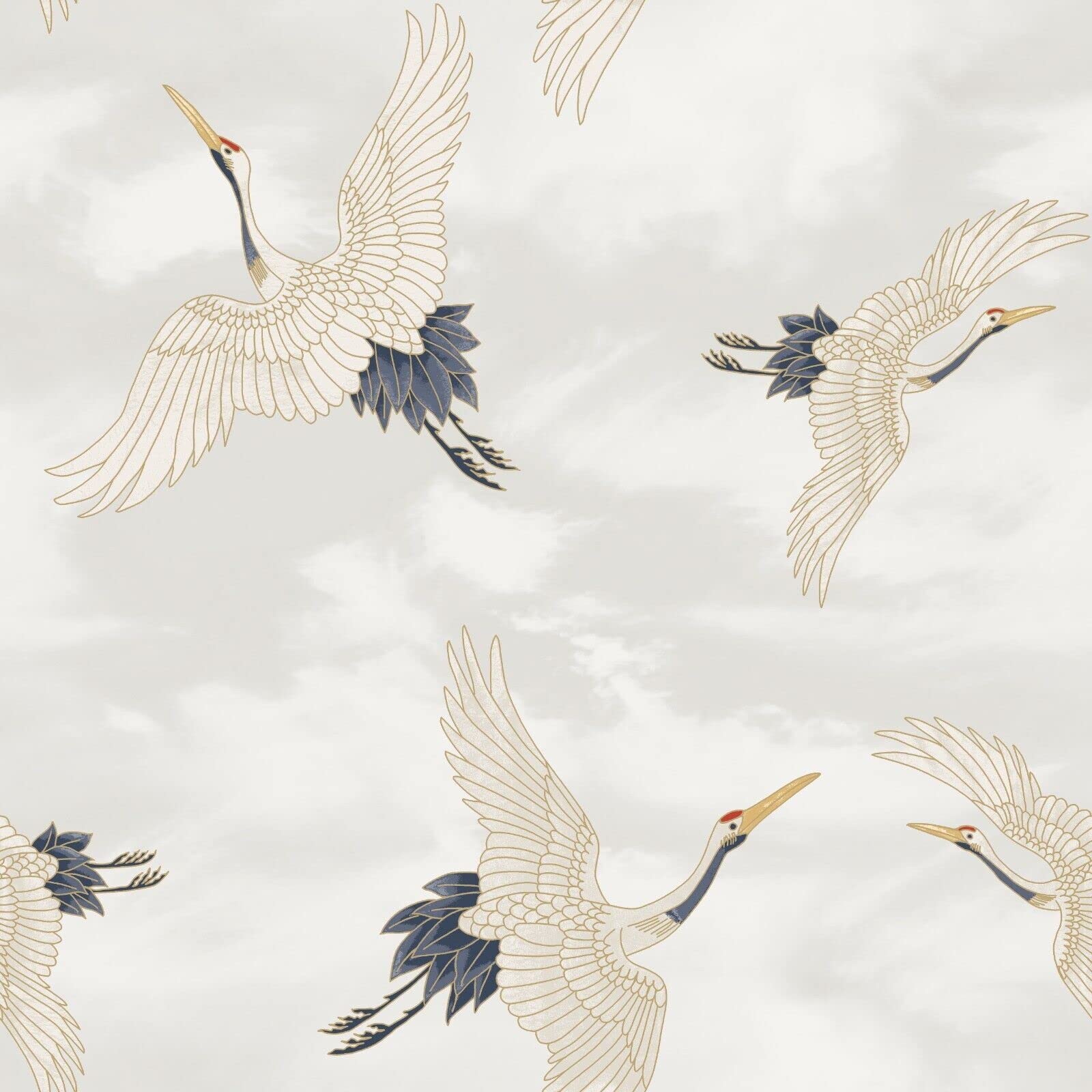 Sophie Laurence White, Blue, Silver Oriental Japanese Birds Cranes White Blue Metallic Silver Feature Wallpaper - Thick Heavy Duty Soild Paste The Paper Wallpaper