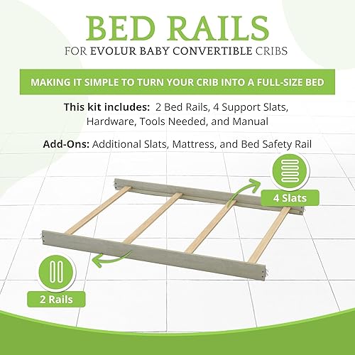 Vista 79 de Kit de conversión de tamaño completo, rieles de cama para cunas Evolur, kit convertible de cuna de madera maciza para cama de niños, rieles de Blanco