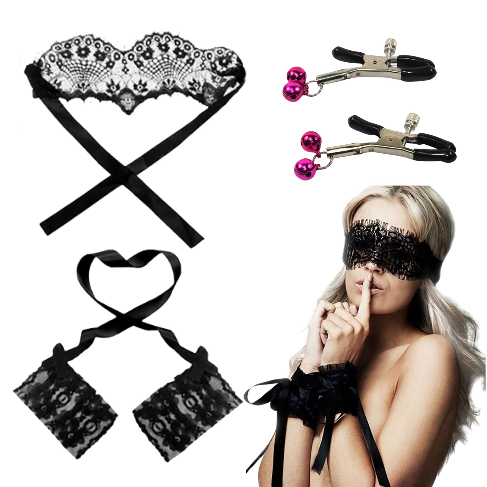 Magicnitz Handcuffs and Blindfold Set, Bondage Set Handcuffs and Blinfold Set Nipple Clamps Eye Mask Lace Cuffs blindfold Body Restraint Adult Sex Set Couple Sex Toy