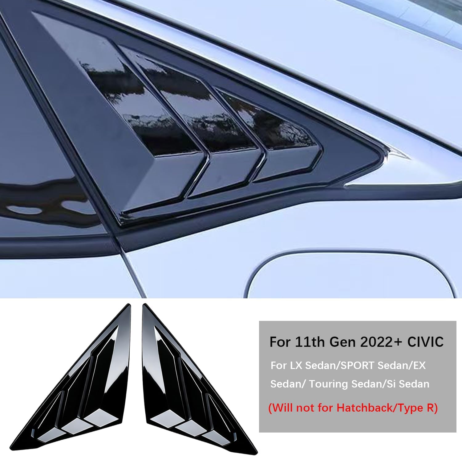 Rear Side Window Louvers for 11th Gen Civic Sedan, Compatible with Honda Civic 2022-2026 Accessories, Car Exterior Rear Side Window Louvers Air Vent Scoop Shades Cover Blinds-Glossy Black
