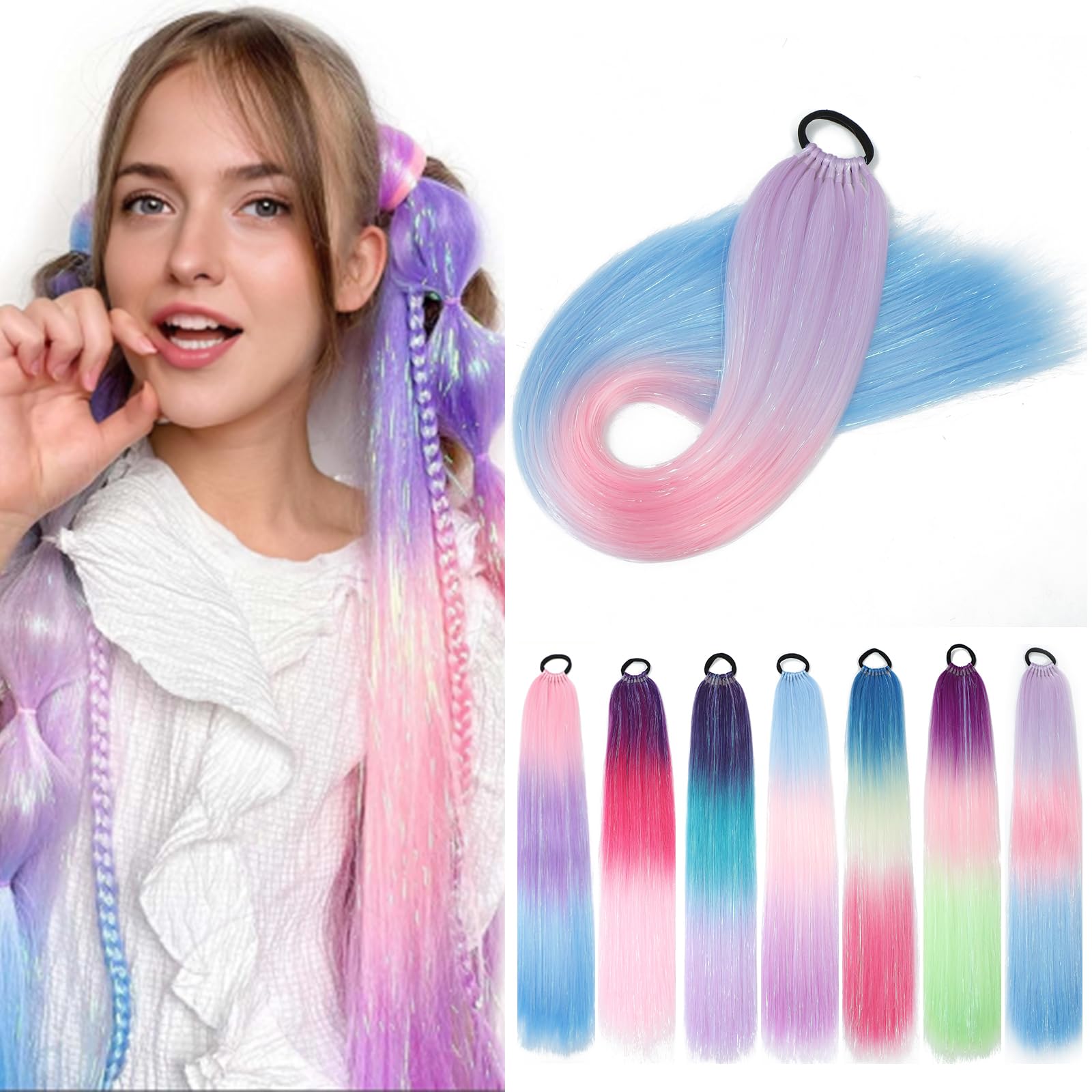 1 Packs 26 Inch Rainbow Ponytail Hair Extensions with Tinsel Hair for Jumbo Braiding Hair Extensions Soft Yaki Straight Synthetic Hair Glitter Ponytail for Girls DIY Box Braids (purple-pink-blue)