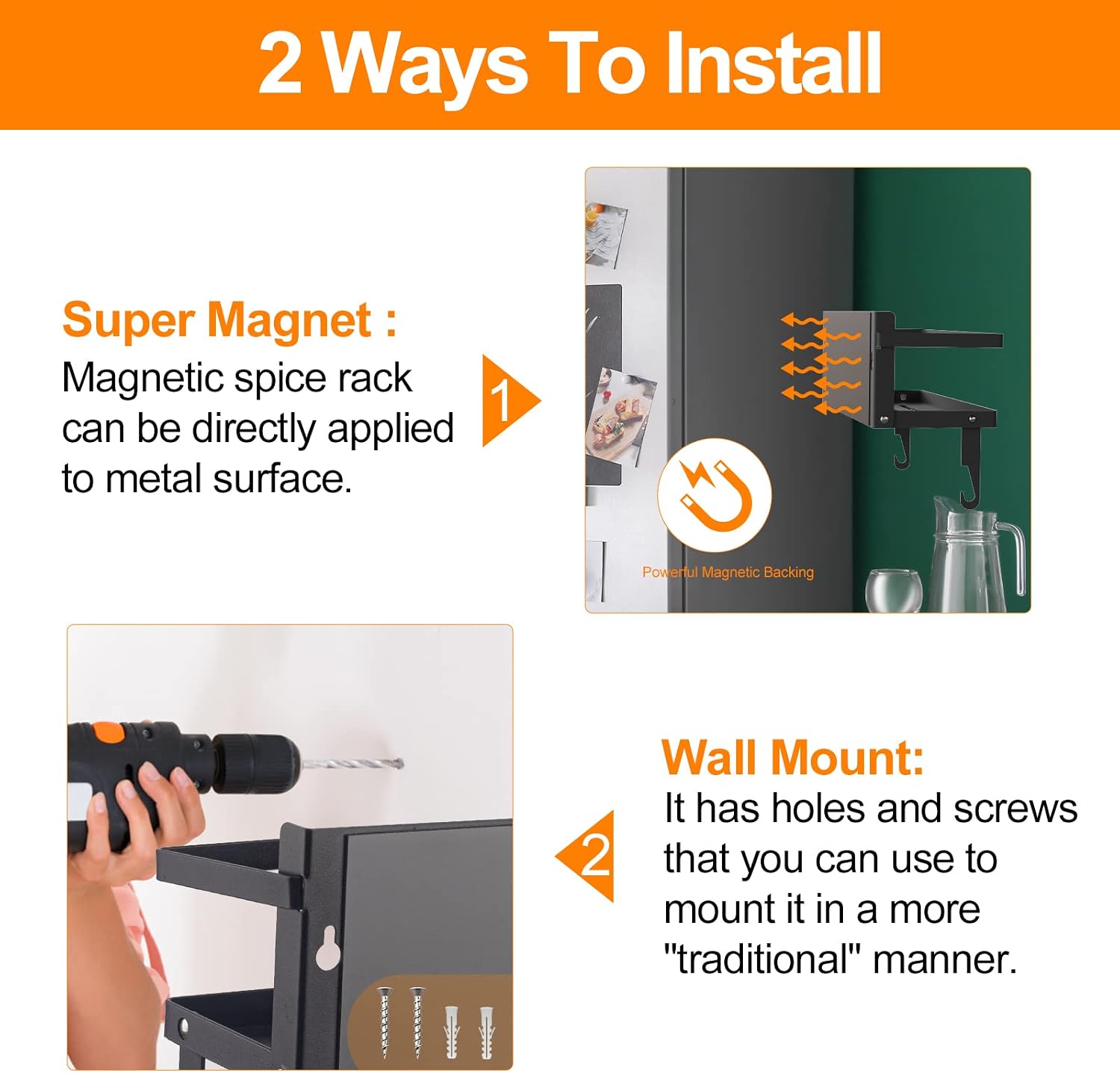 Spice Rack Magnetic Shelf, Foldable Refrigerator Magnetic Spice Holder, Wall Mounted Seasoning Organizer Hanging Spice Storage Stand with Paper Towel Holder Roll & Hooks