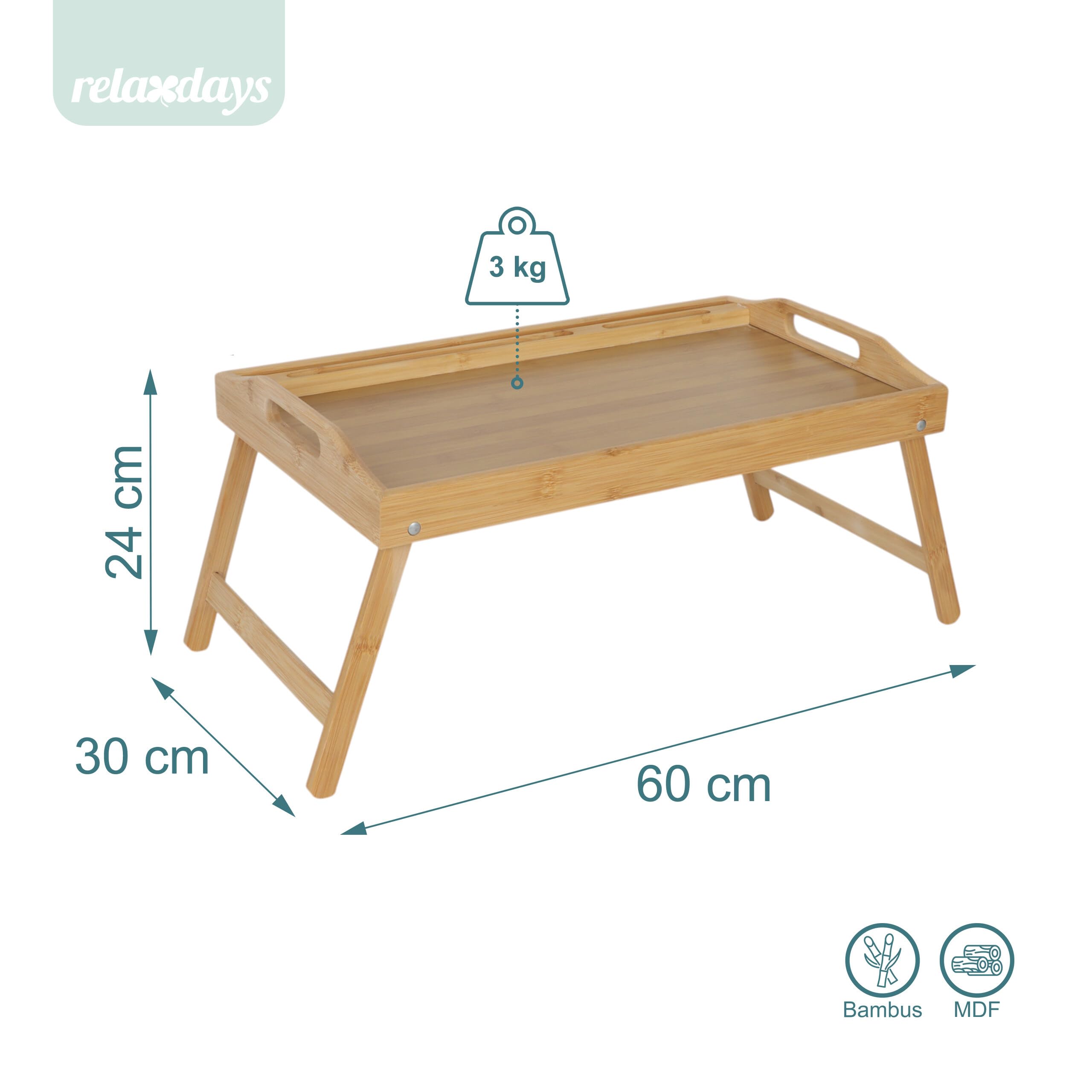 Relaxdays Betttablett klappbar, Tablet- & Handyhalter, Frühstück im Bett, Bambus & MDF, HBT: 24x60x30 cm, Tablett, Natur