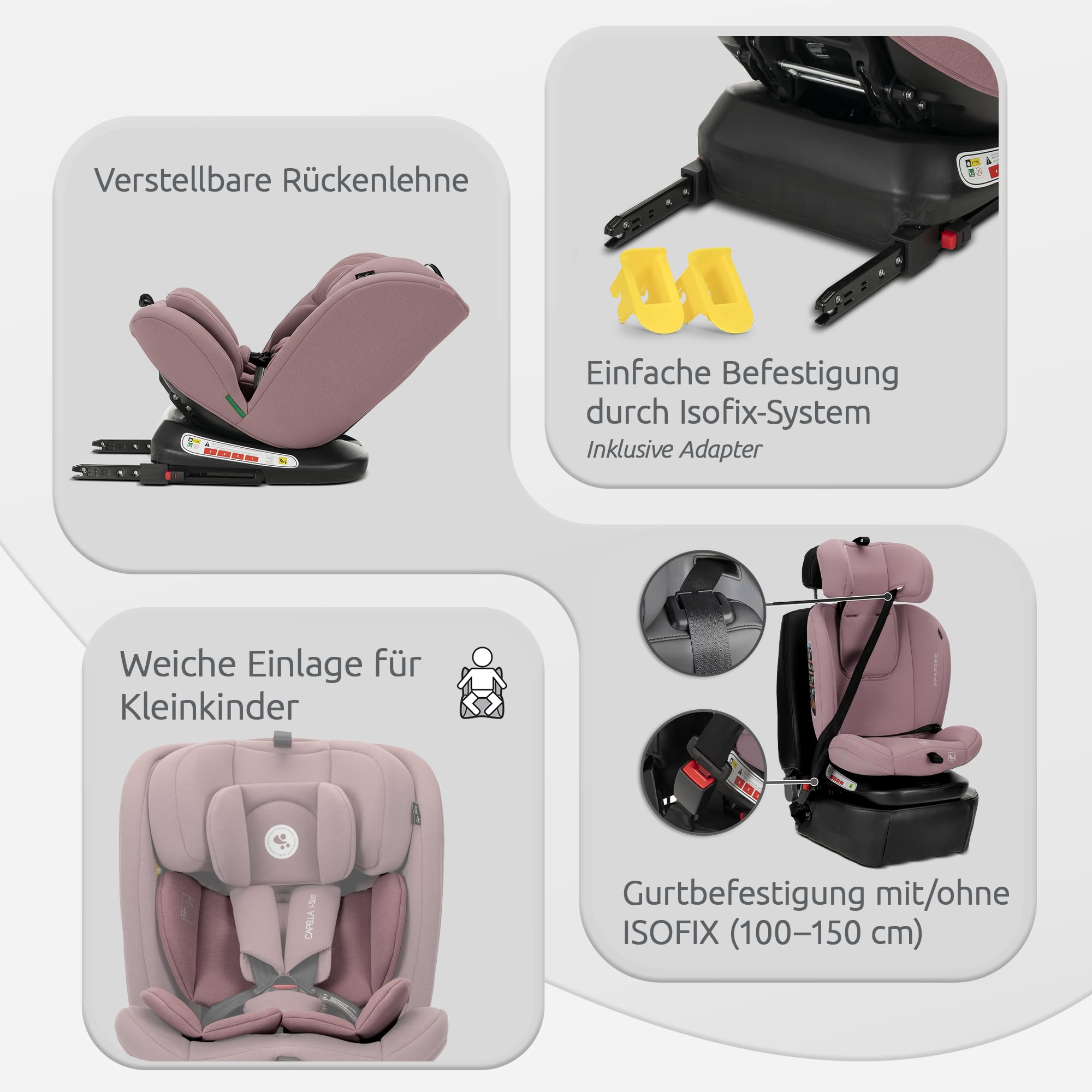 Lorelli Kindersitz drehbar 360 Grad i-Size 40-150cm mit Isofix, Mitwachsender Baby Autositz Capella, Gruppe 0+/1/2/3, 0-12 Jahre, 0-36 kg, Auto Babysitz ab Geburt, 5-Punkt-Gurt, Rosa