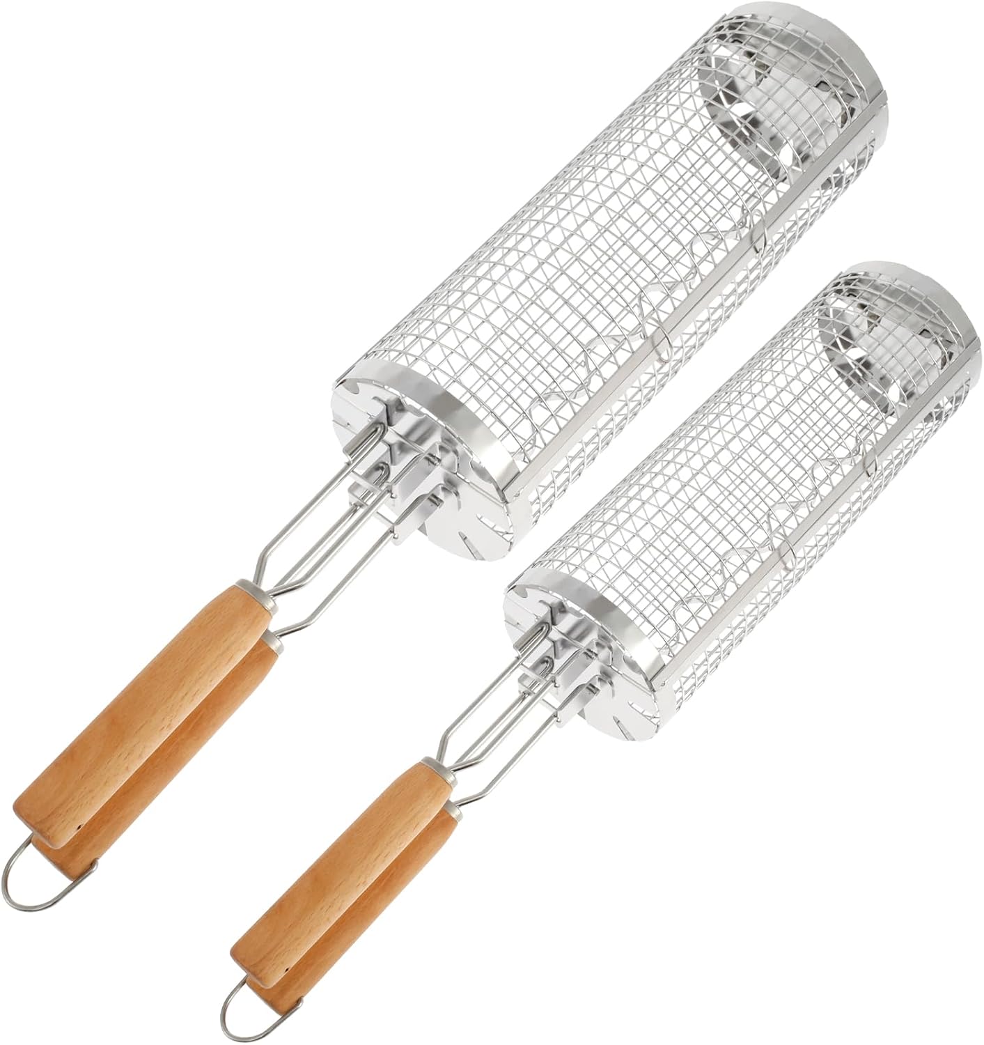 Rolling Grill Basket with Detachable Double Handle Stainless Steel Rolling Grilling Basket Multifunctional BBQ Grill Basket Dishwasher Safe Barbecue Grill Basket for Outdoor Grill(2,Silver)