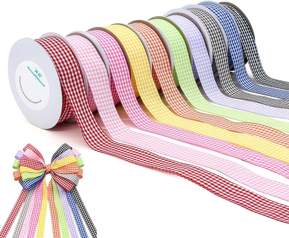 Plaid Ribbon 10 Color 250 Yards Gingham Ribbon 1" X 25Yd/Roll Variety Pack, Roll Assorted Spring Easter Plaid Ribbon for Crafts, Gift Wrapping