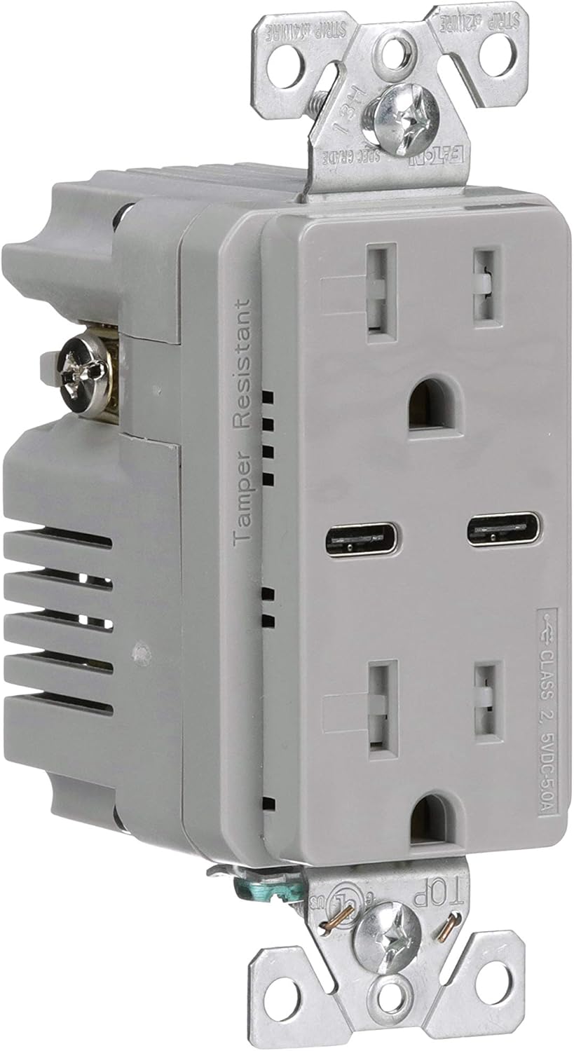Eaton 5A USB Type C Charger with TR Duplex Receptacle 15A/125V, Gray