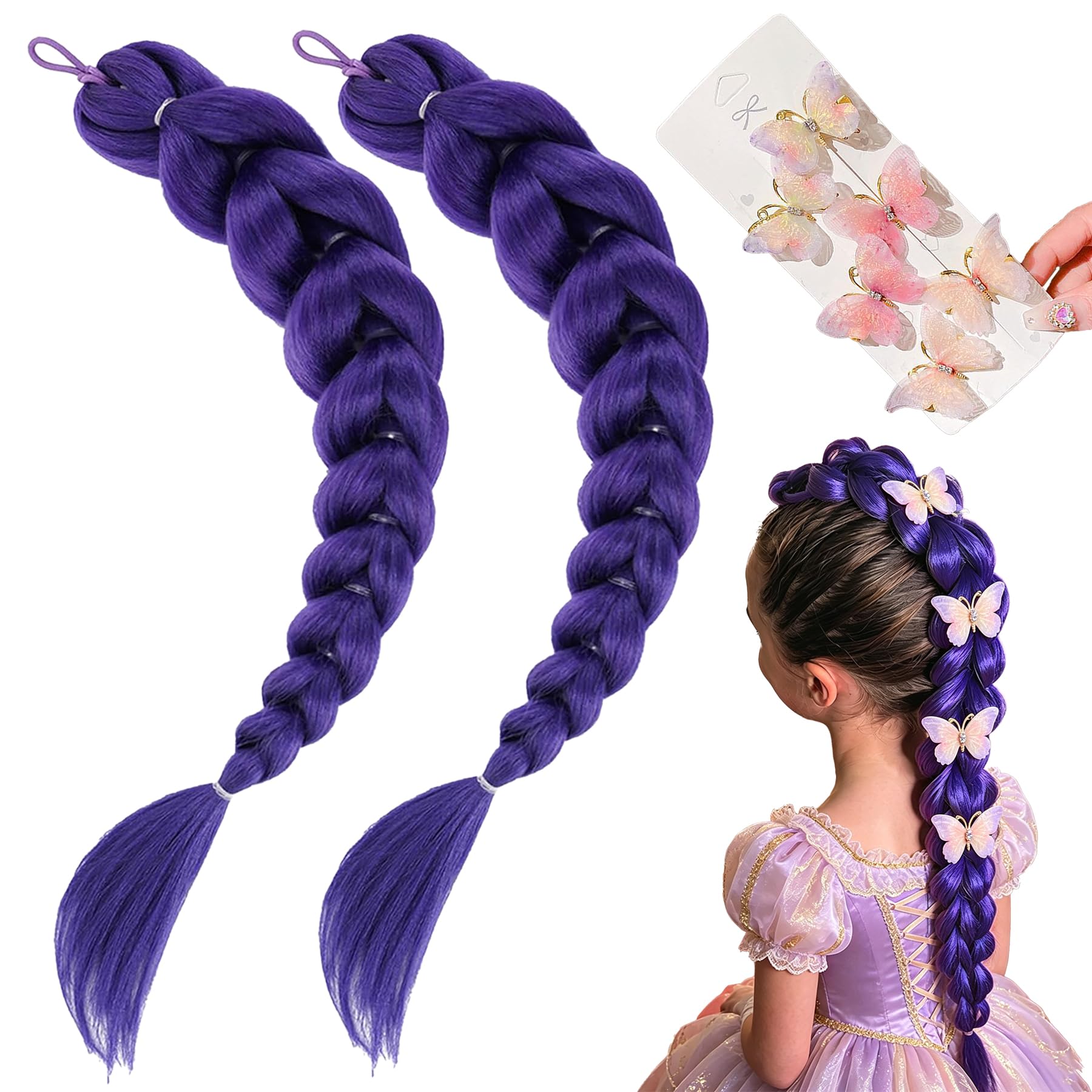 Photo 1 of 2 Pack 24" Purple Braids Ponytail Hair Extensions with Tie, Easy DIY Halloween Cosplay Purple Rumi Hair Braid, 24 Hair Rings & 6 Butterfly Clips for Quick Styling