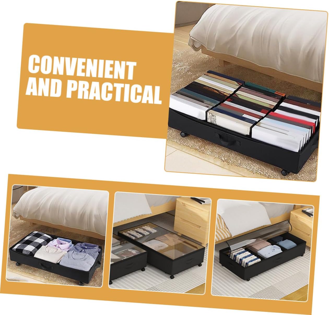 DOITOOL Bed Storage Organizer with Wheels, Oxford Fabric 3-compartment Large Capacity Clothes and Storage Bin Dustproof Sliding Case for Bedroom