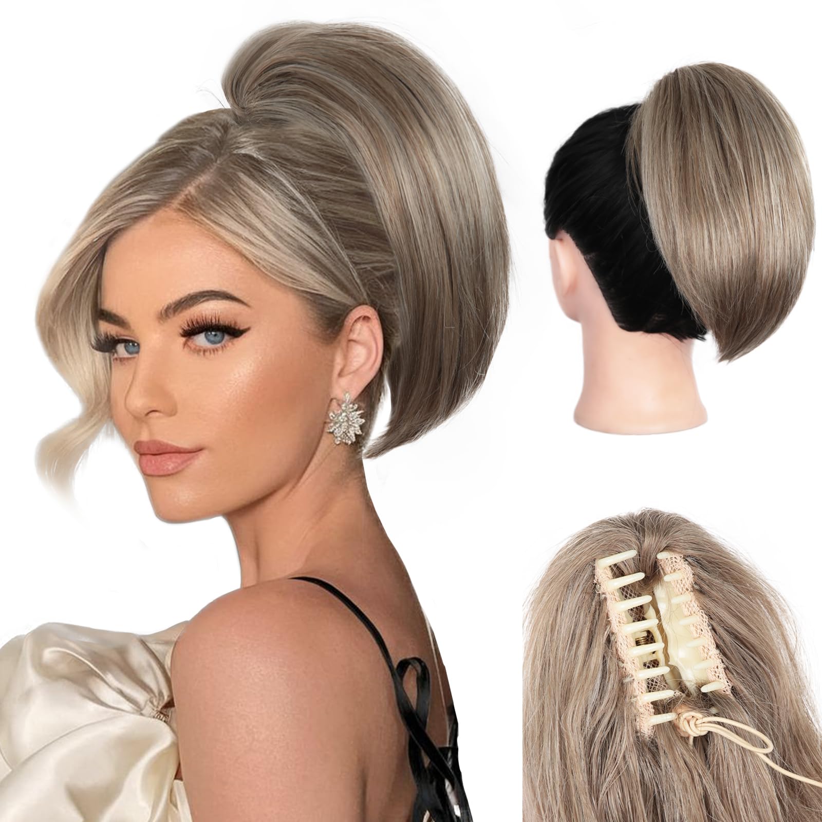 Photo 1 of 10 Inch Short Ponytail Extension - Soft Straight Pony Tails Hair Extensions, Claw Clip Ponytail Extension, Natural Short Synthetic Hair Pieces for Women (Color: Light Ash Brown Mixed White)