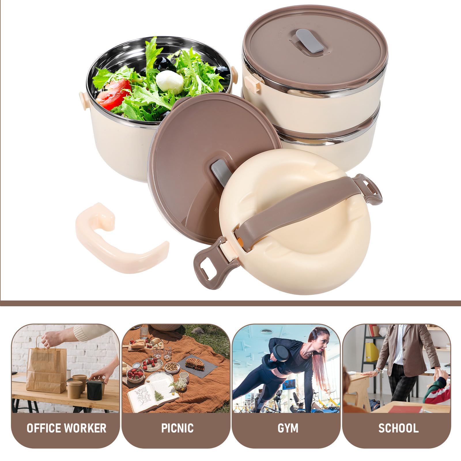 Fiambrera de Acero Inoxidable Térmica de 3 Capas 1, 75 L Beige | Acero Inoxidable, Abs y Pp, Tanque Interior Apto para Microondas, Diseño Desmontable y Portátil
