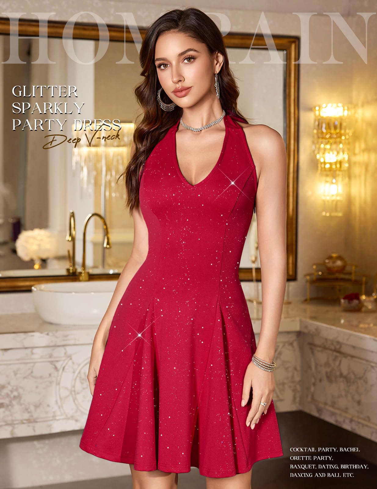 Homrain Glitzer-Strass-Sparkle-Kleid für Damen, Elegantes Homecoming-Mini-Kleid, Sexy Club-Kleid mit Halterneck, Cocktailkleid für Herbst