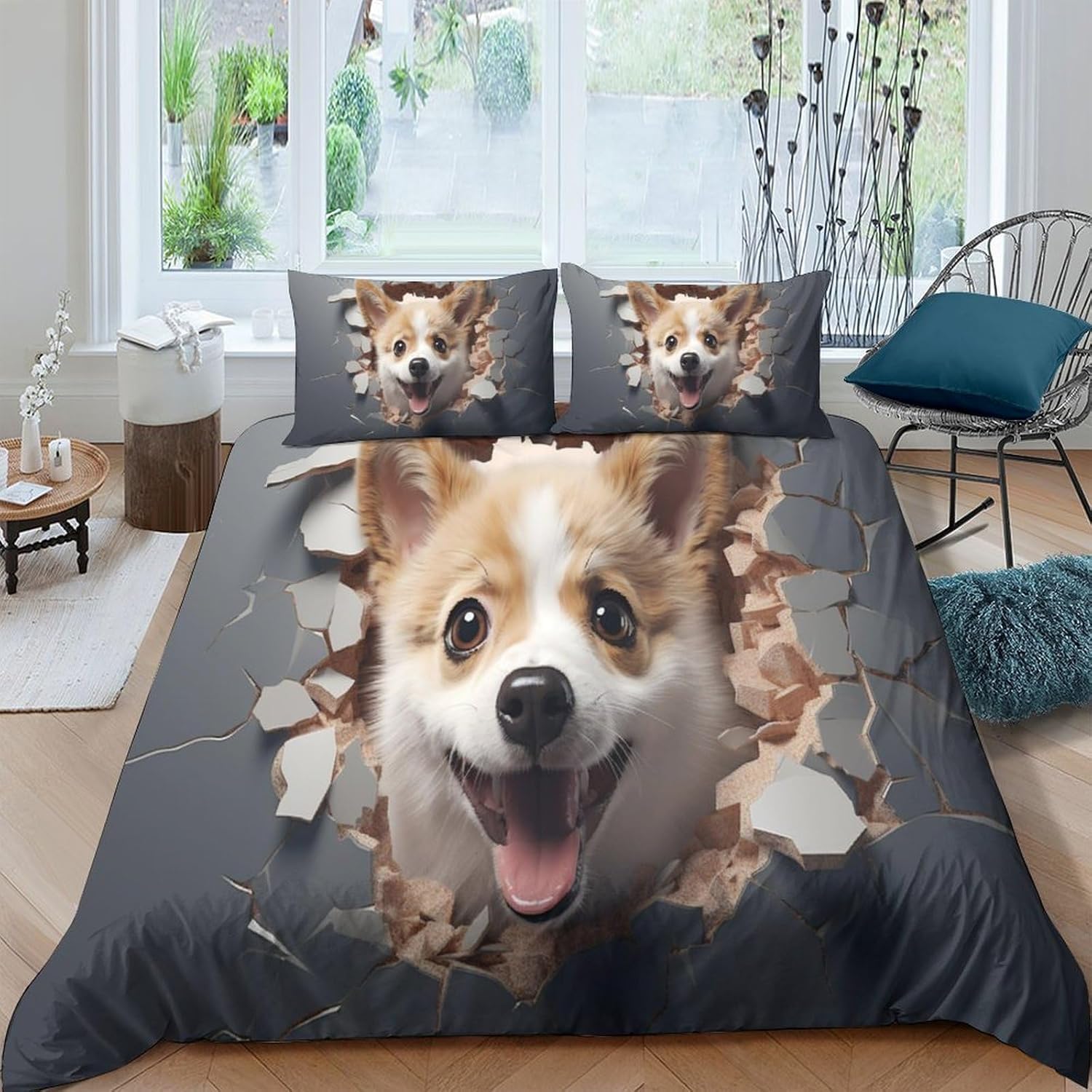 Housse de couette 200x200 cm chien avec 2 taies d'oreiller en microfibre