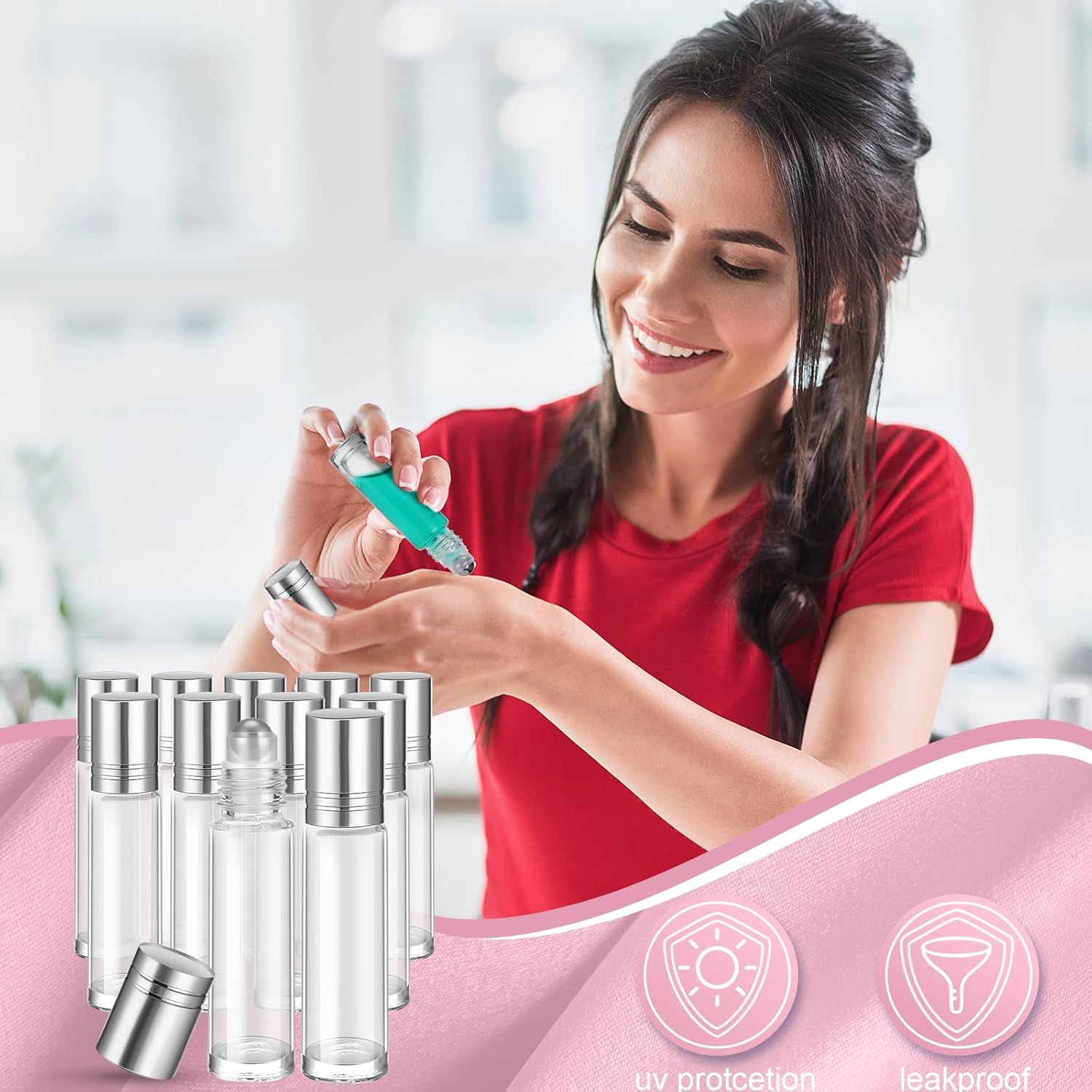 96 Pcs Essential Oil Roller Bottles 10ml Empty Glass Roller Bottles with Stainless Steel Balls Protection Leakproof with 5 Funnel for Travel Perfume Lip Gloss (Clear, White Lid)