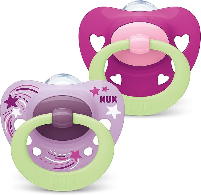 NUK Signature Night Baby Dummy | 6-18 months | Glow in the Dark Soothers | BPA-Free Silicone | Purple Hearts | 2 Count