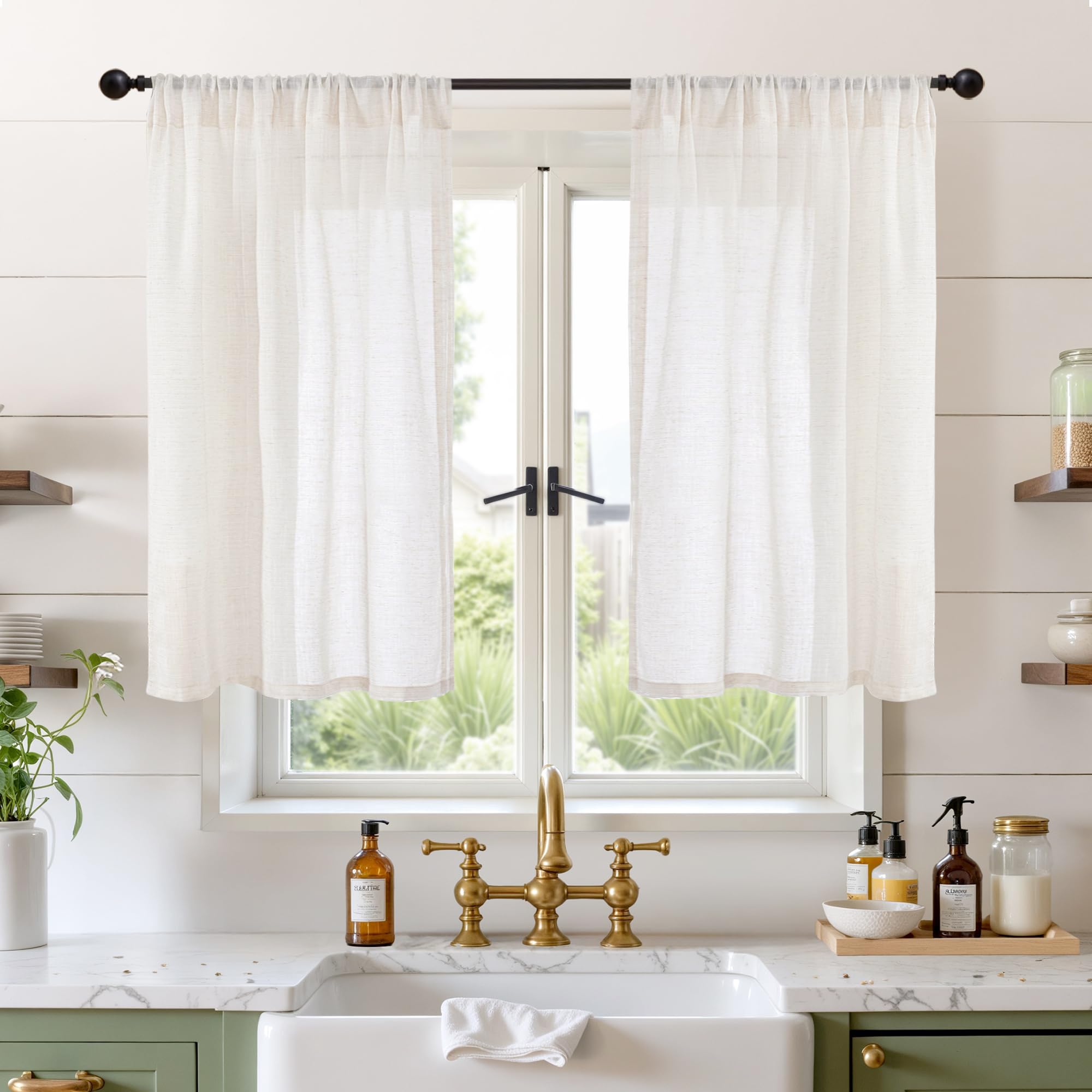 BGment Short Linen Curtains 40 Inch Length for Kitchen Windows - Rod Pocket Natural Drapes Light Filtering for Cafe Over Sink Decorative Sheer
