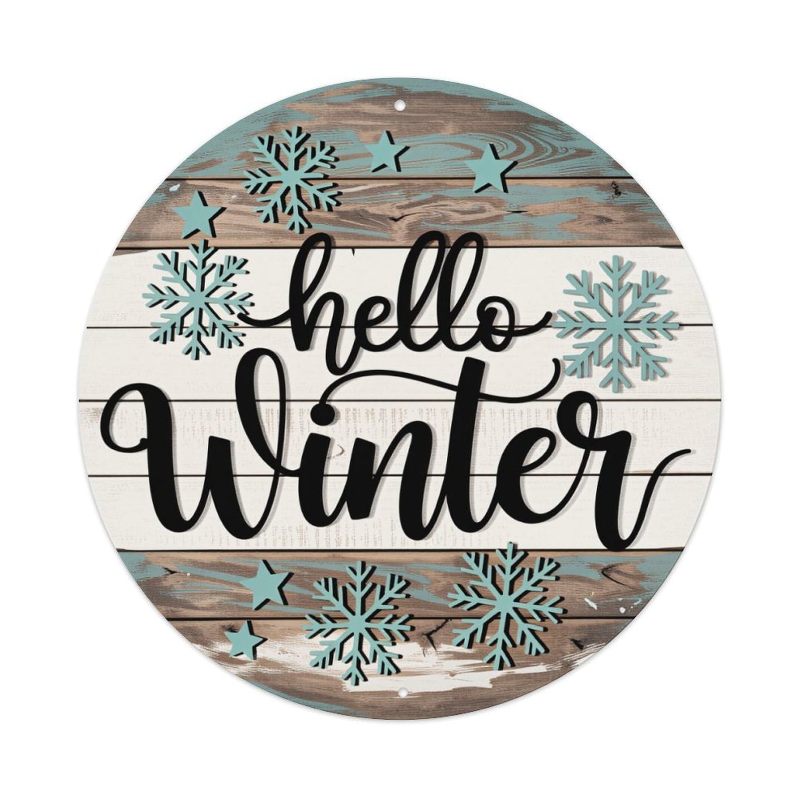 Hello Winter Snowflakes Stars Wood Planks Round Vintage Tin Sign,Retro Wall Art,Metal Poster for Home, Bar, Garage, Cafe, Rustic Indoor & Outdoor Decor, 8x8 Inches
