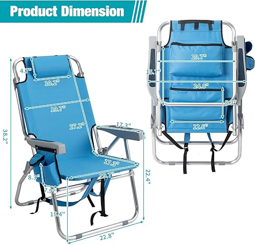 Miniatura 3 de Silla de playa plegable alta con toallero, 5 posiciones ajustables, toallero, enfriador y bolsa de almacenamiento, portavasos y soporte para