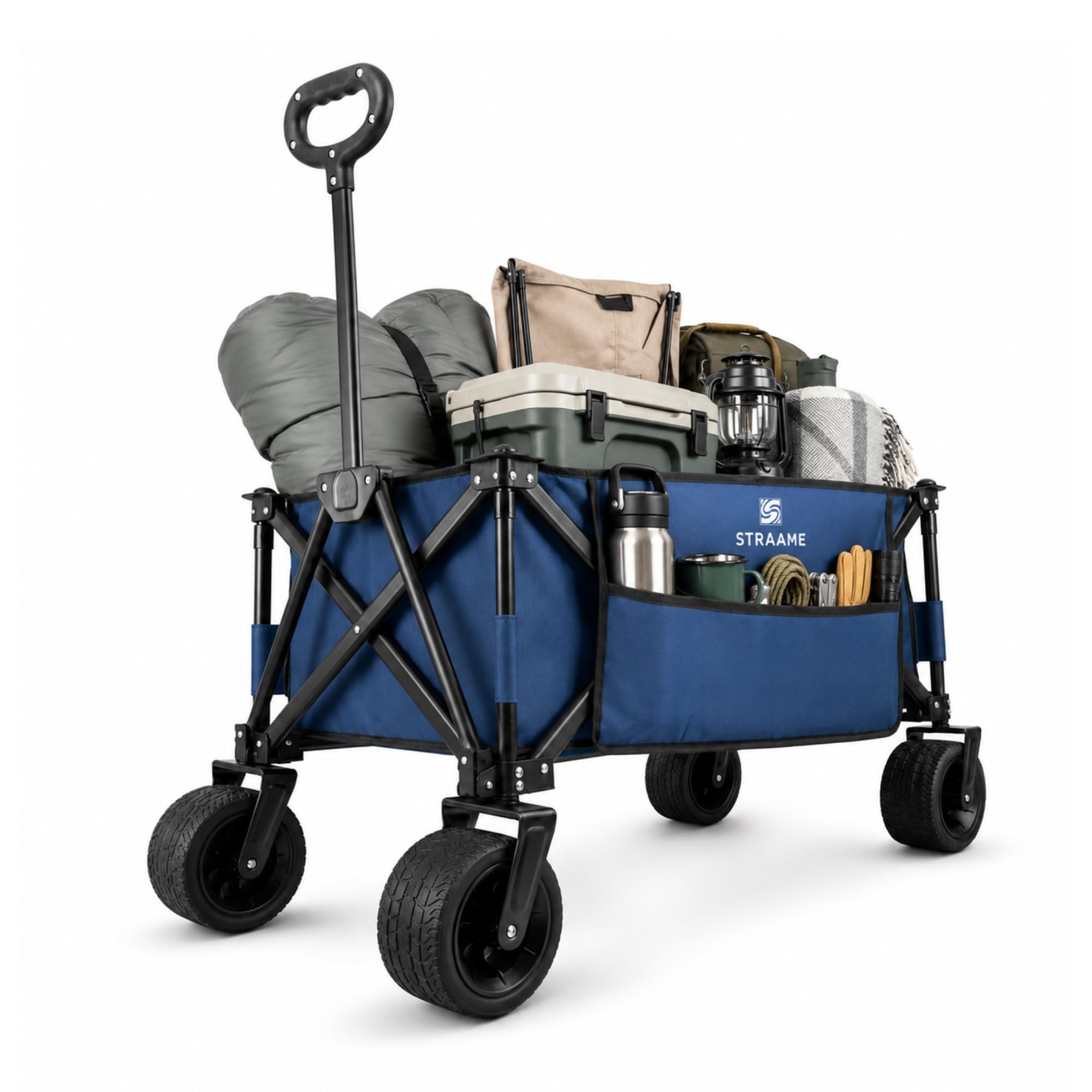 Straame Foldable Trolley Cart – 150L, 100kg Capacity Pull-Along Camping Wagon for Beach, Garden & Festivals – All-Terrain Festival Trolley with Adjustable Handle & 360° Swivel Wheels(Blue)