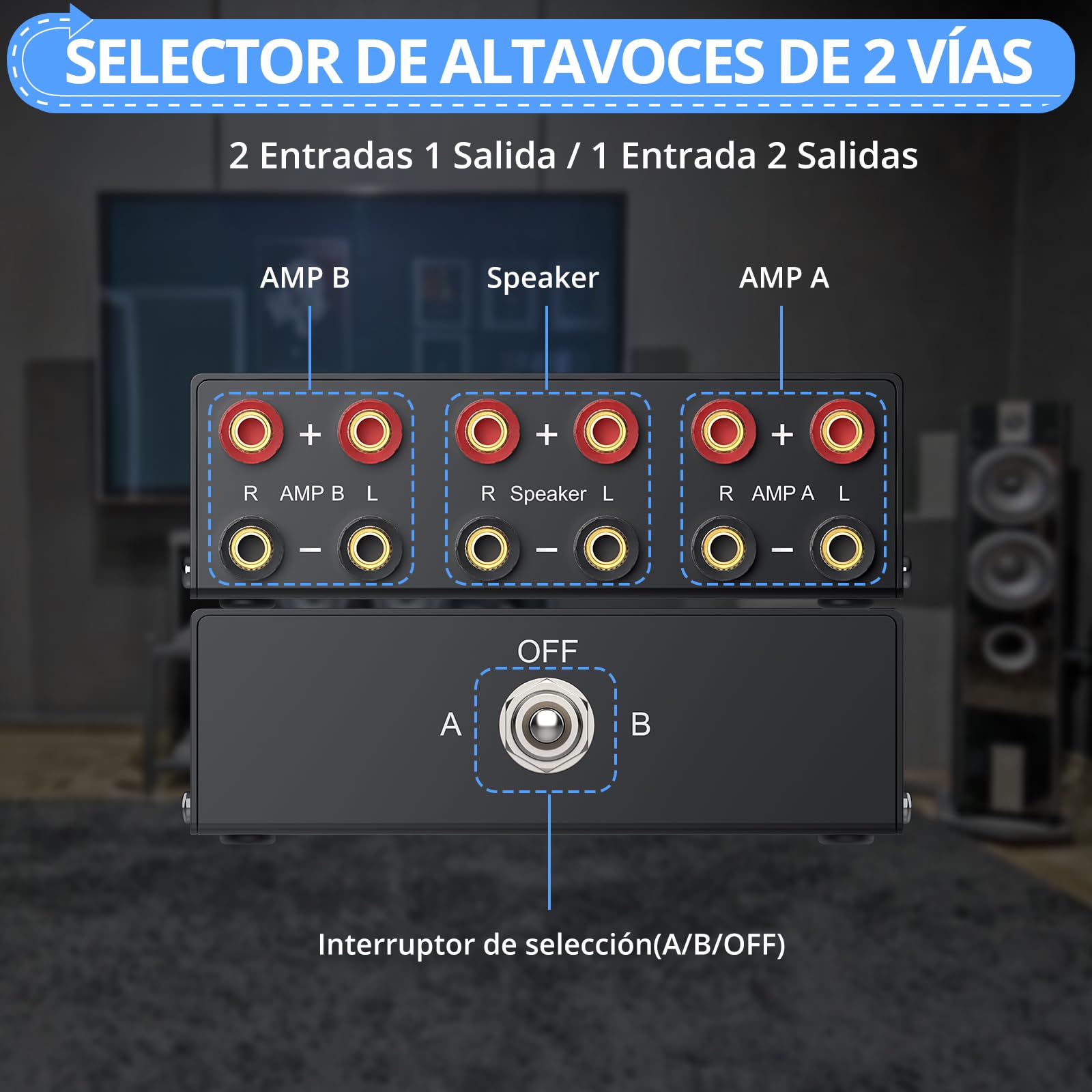 CAMWAY Conmutador de Audio Bidireccional 2 In 1 out / 1 In 2 out, Selector de Amplificador/Altavoz con Interruptor Mecánico (A/B/Off), Conectores Banana Chapados en Oro,Plug and Play