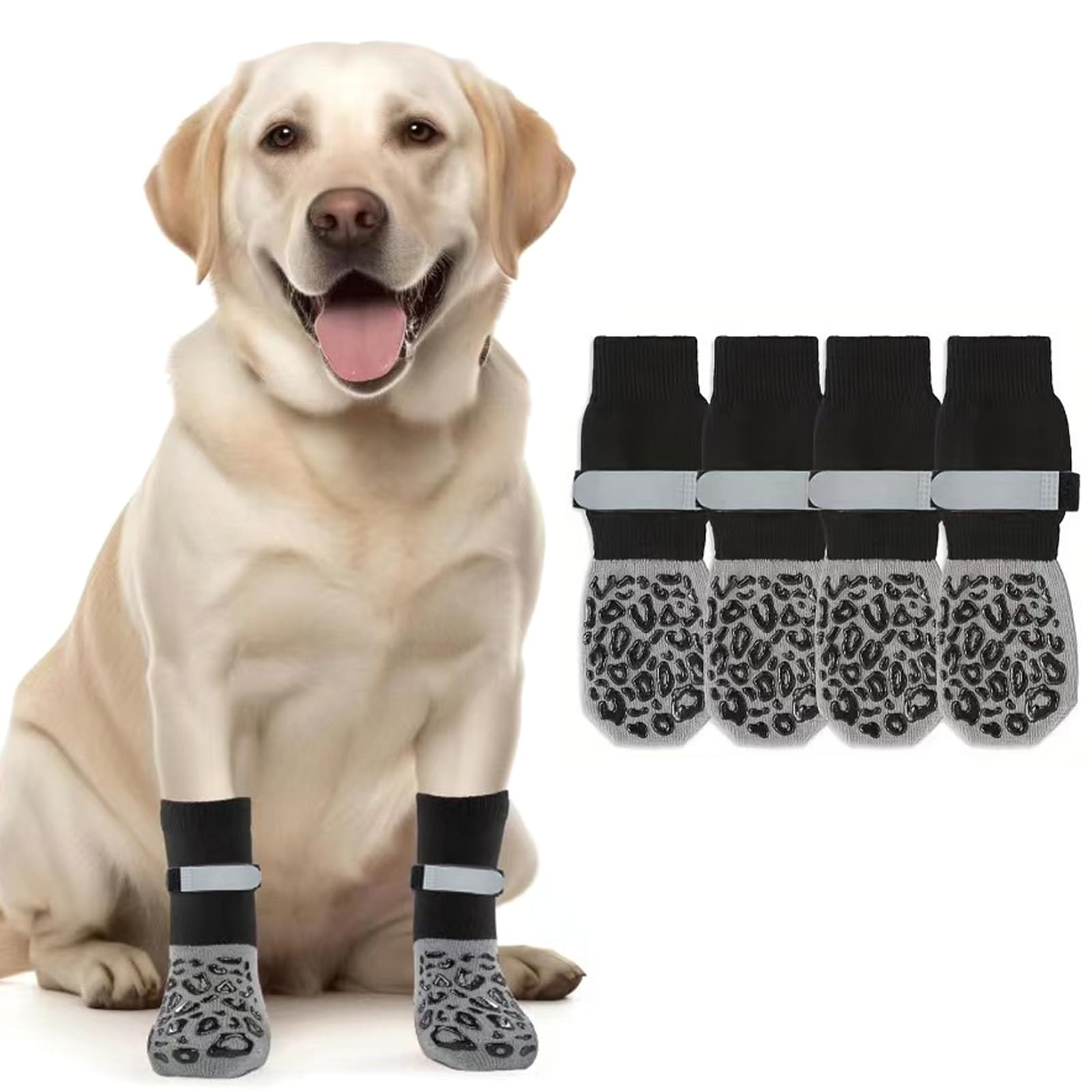 2 Pairs Dog Socks with Grippers Stop Licking Paws,Anti Slip Dog Shoes with Adjustable Straps Rubber Bottom for Hardwood Floor,Puppy Cat Paw Protectors for Indoor Outdoor Use (Black (Leopard Print), M)