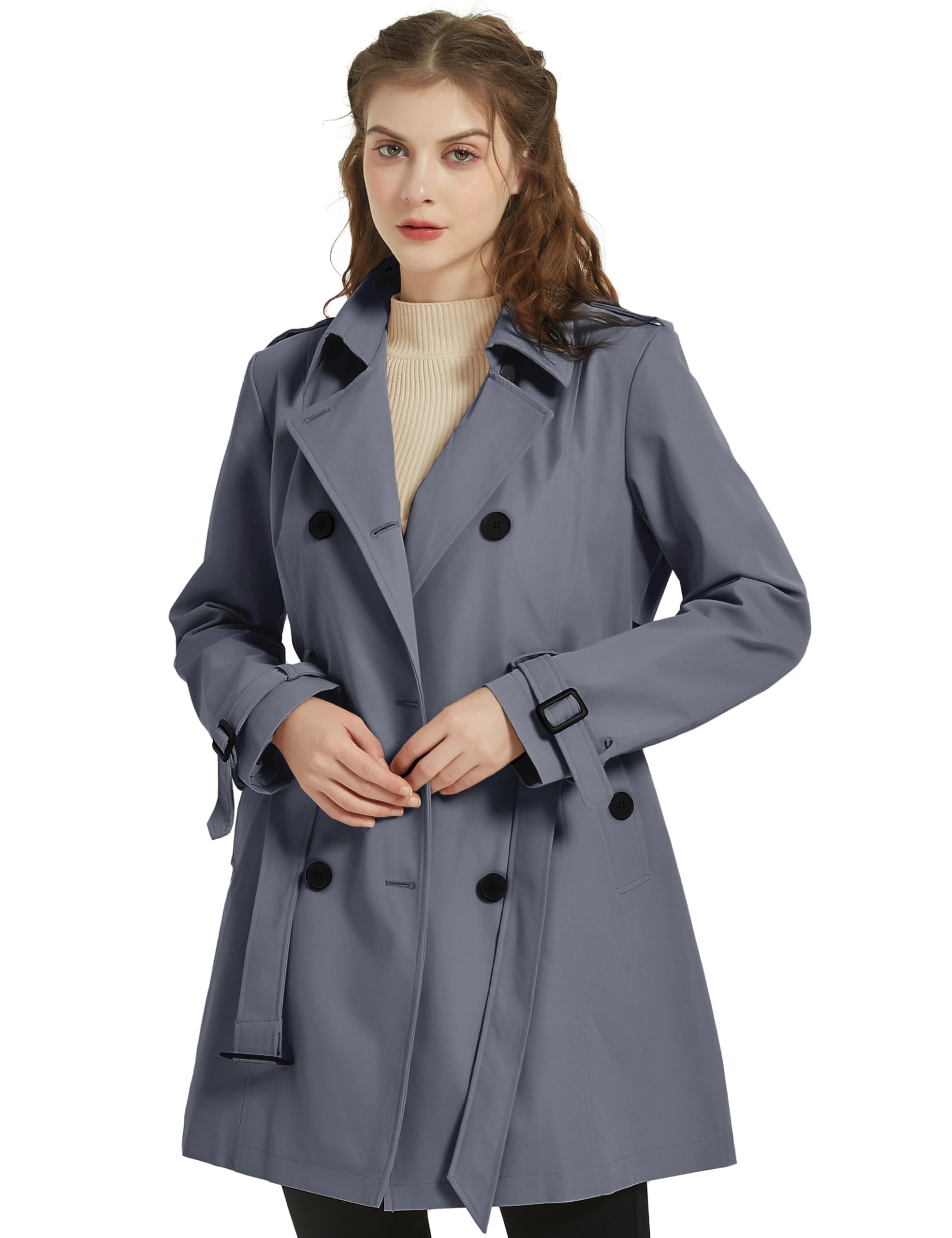 Wantdo Cappotto Primaverile da Donna Doppiopetto Lungo Trench Antivento Idrorepellente Leggera Casuale Giubbotto con Cintura Slim Fit