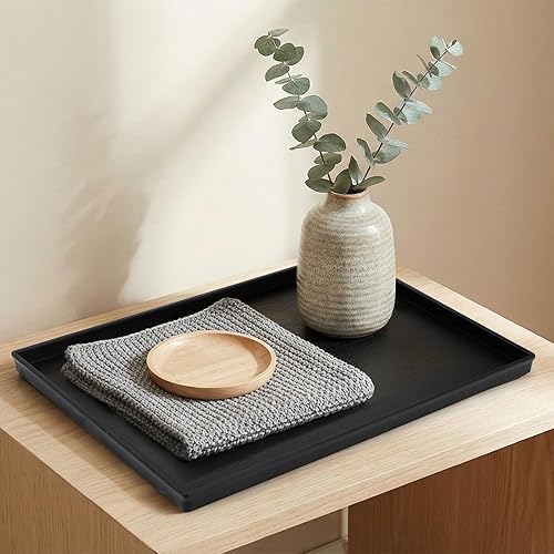 Miniatura 6 de Cedilis Paquete de 2 bandejas rectangulares negras para servir, bandeja de plástico antideslizante, modernas bandejas otomanas para centro de mesa,