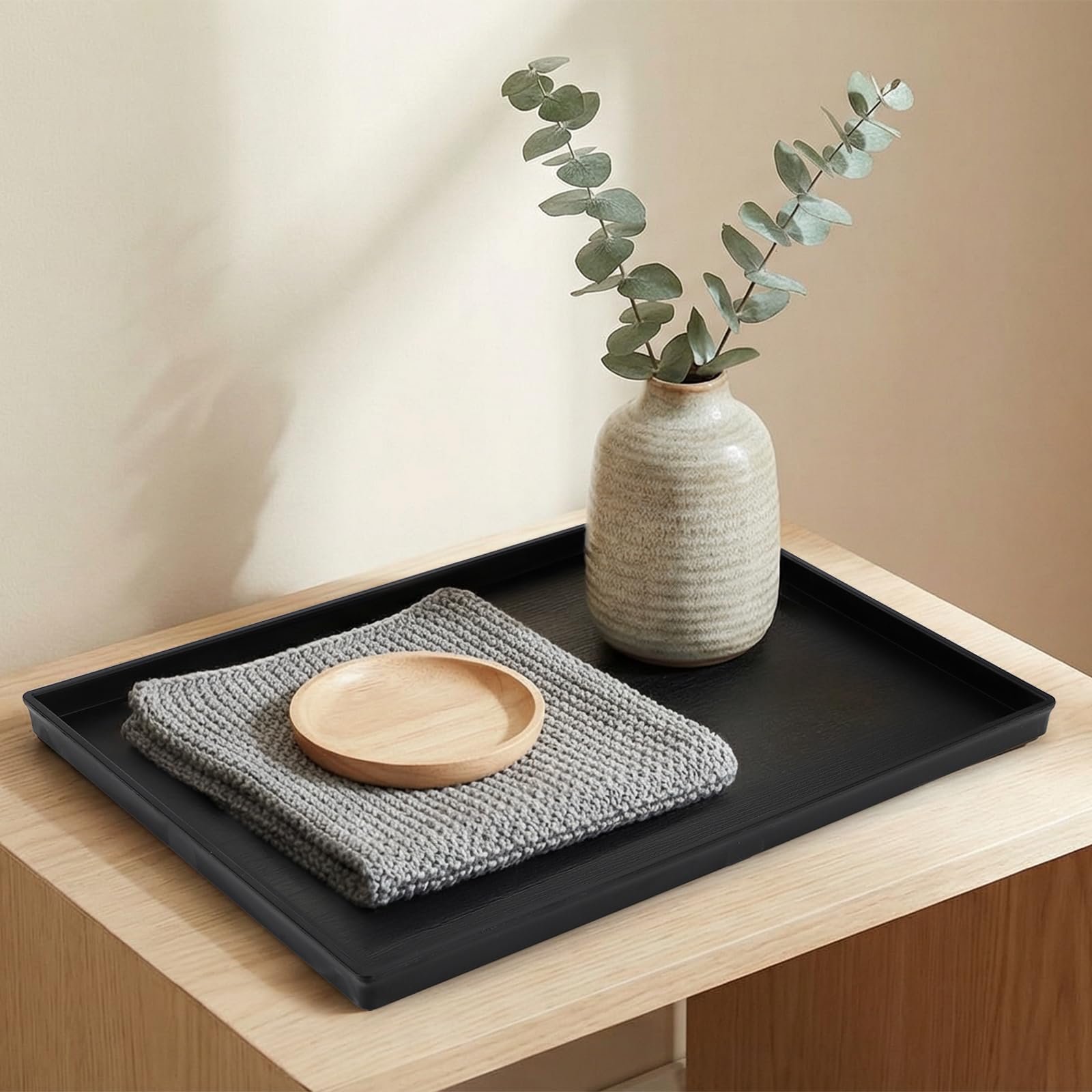 Cedilis Paquete de 2 bandejas rectangulares negras para servir, bandeja de plástico antideslizante, bandejas otomanas modernas para centro de mesa, decoración del hogar, baño, encimera de cocina