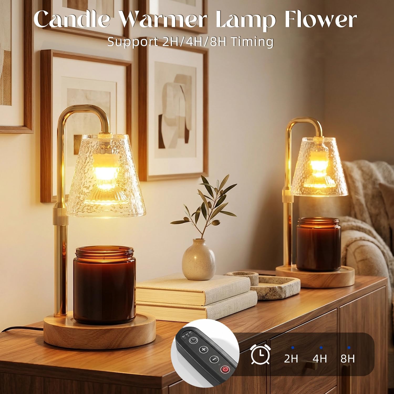 Glimra 2 Pack Candle Warmer Lamp with Timer,Dimmable Adjustable Height Candle Heater Birthday Gifts for Women Mom Sister Friends,House Warming Gifts New Home Candle Lamp Warmer with 4 Bulbs