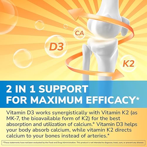 Miniatura 3 de Suplemento de vitamina D3 K2, 10000 UI D3  200 mcg K2 MK7, absorción de calcio, hueso, corazón, apoyo inmunológico y estado de ánimo, absorción