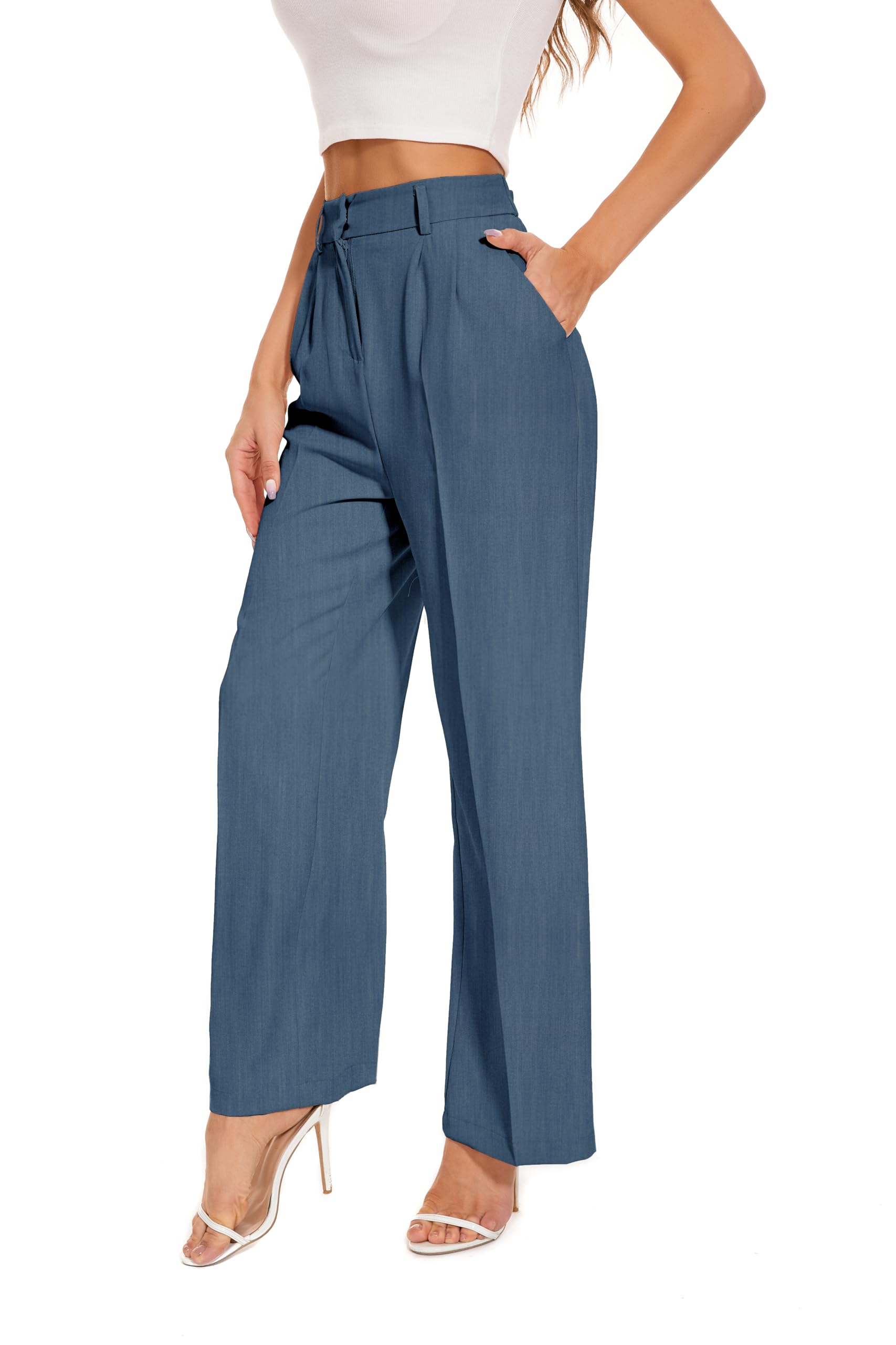 FUNYYZO Wide Leg Pants Women's High Elastic Waisted in The Back Business Work Trousers Long Straight Suit Pants — view 59