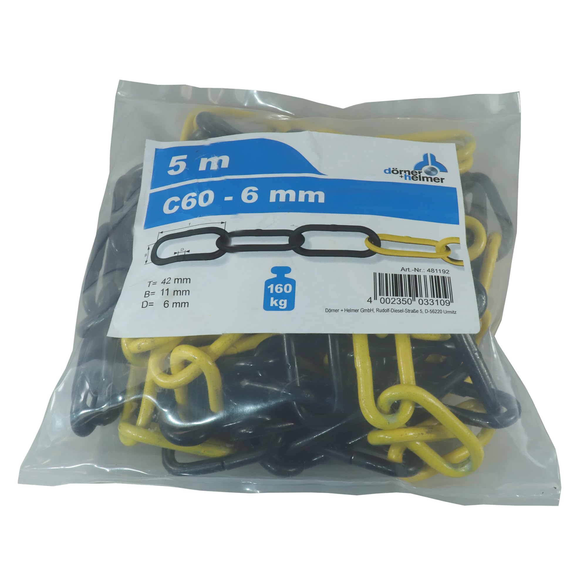 Dörner + Helmer Catena di bloccaggio, 6 mm di spessore, lunghezza 5 m, in acciaio zincato, chiusura a sacchetto, maglia lunga, nero/giallo