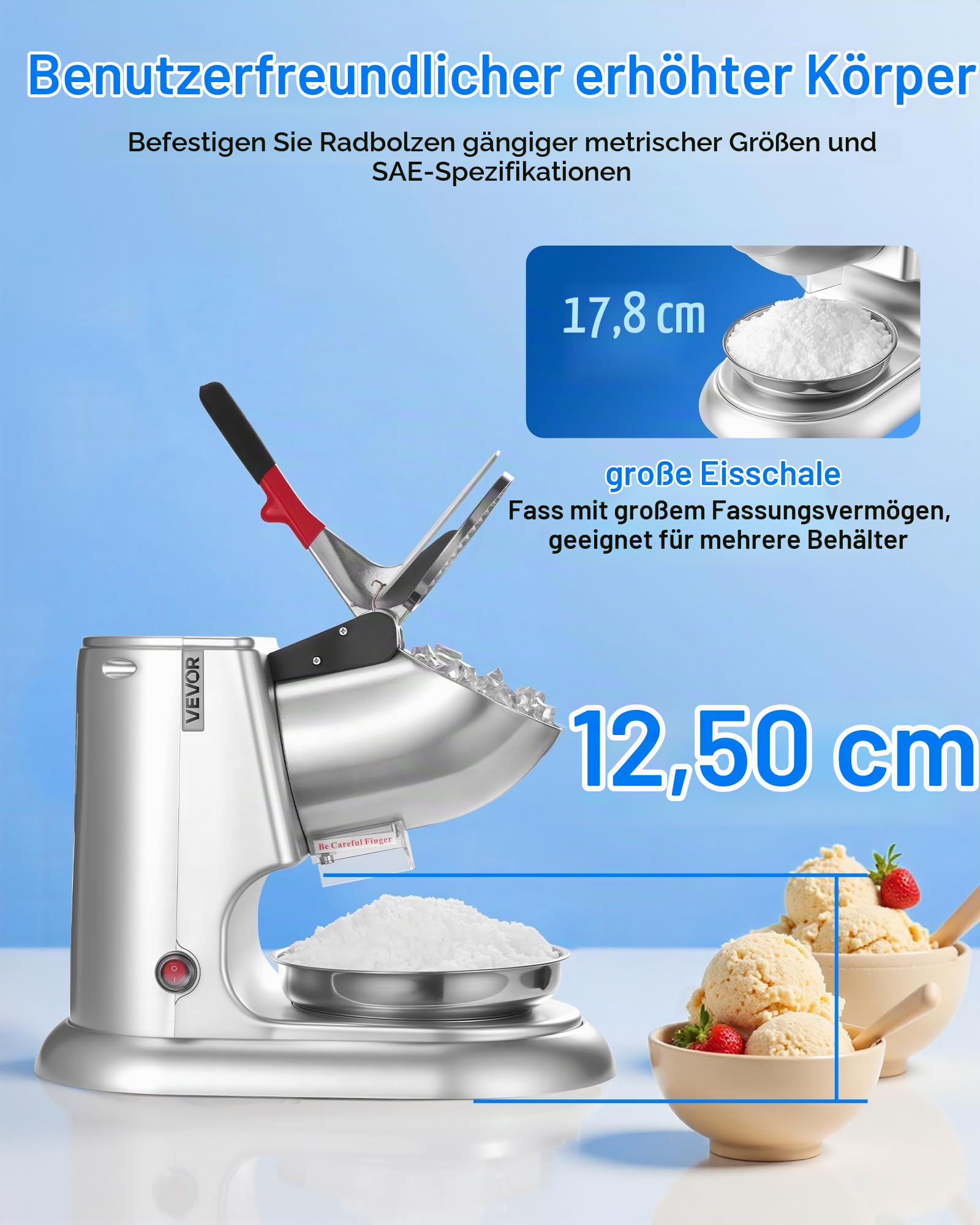 VEVOR Kommerzieller Eiscrusher 100 kg pro Stunde, elektrischer Schneekegel-Maker mit 4 Klingen, Edelstahl-Eiscrusher mit Schüssel & Abdeckung 300 W 2000 U/min, Eisrasierer Silber