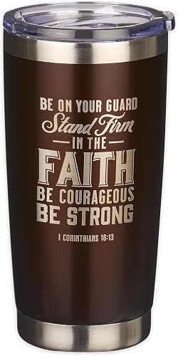 Novelty Coffee & Tea Travel Mug for Men, Inspirational Bibel Verse, Stand Firm in the Faith 1 Corinthians 16:13, Stainless Steel, Brown, 532ml
