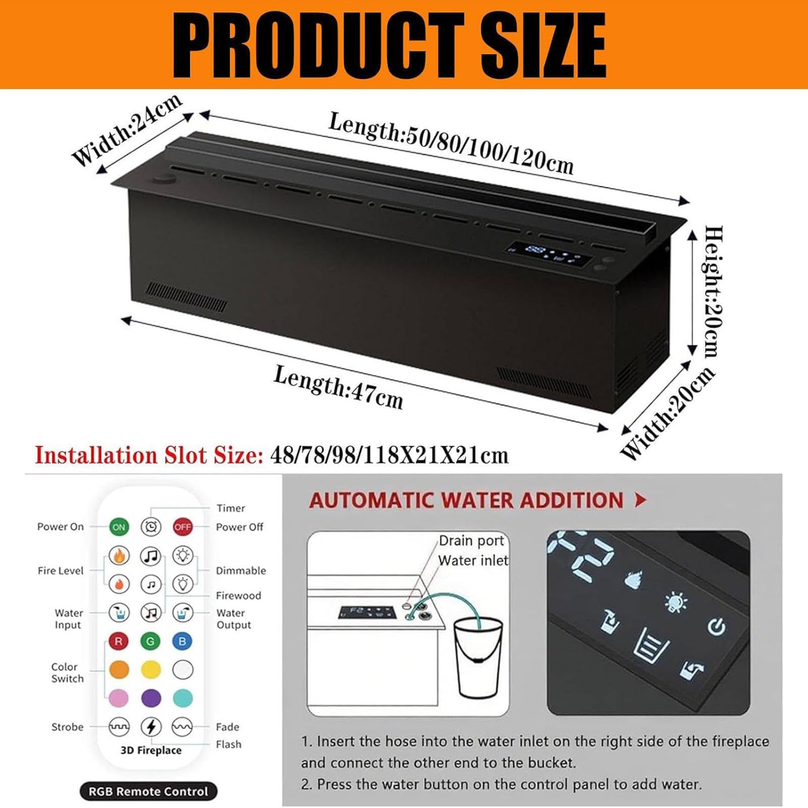 Wasserdampfkamin 3D ZerstäUbungsflamme Wasserdampf Kamin Automatische Manuelle BefüLlung Einbau Automatisch Mit Fernbedienung Und Touchpanel FüR Zuhause BüRo,01,50cm/19.7in