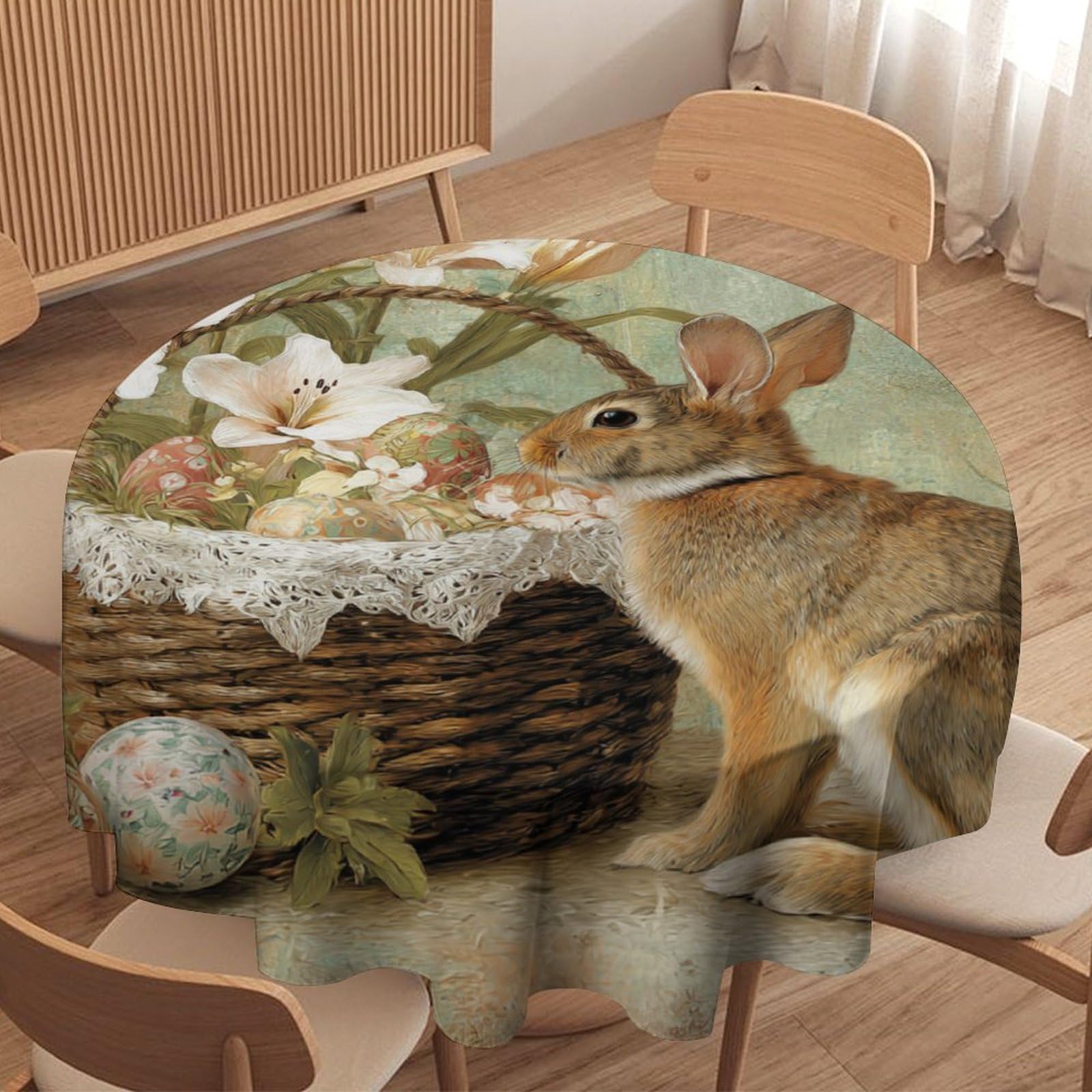 LUYYSKY Retro Realistic Cute Bunny Waterproof Round Tablecloth Mid Century Classic Easter Animal Rabbit Plant Lilies Colorful Eggs Washable Table Cover for Kitchen-152.4" Wx152.4 L cm