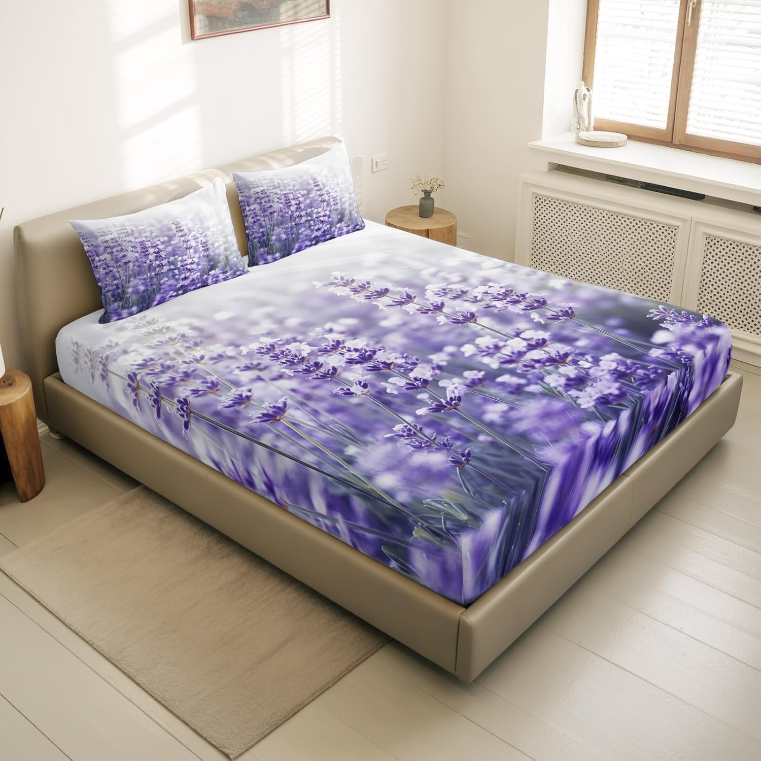 Bettlaken Lavendel Spannbettlaken 180x200cm Lila Blüten für Boxspringbett Weiche Mikrofaser Spannbetttuch 3D Spannbetttücher mit 2 Kissenbezug für Kinder Erwachsene XCW4627