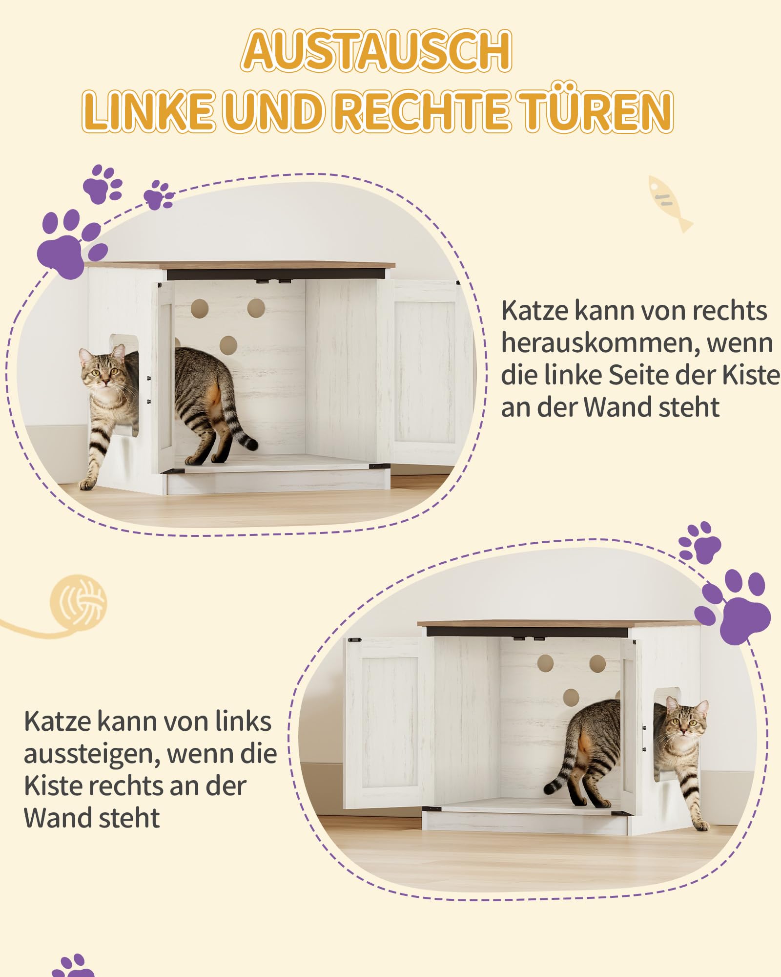 Hzuaneri Kratzbaum mit Katzenklo Schrank, 173 cm Hoch, Weiß und Braun | Kratzbaum, Futterstation, Großer Plattform, Sisalseil, Hängematte, Waschbares Kissen, Plüschbälle, Weiß und Braun CB89014WT