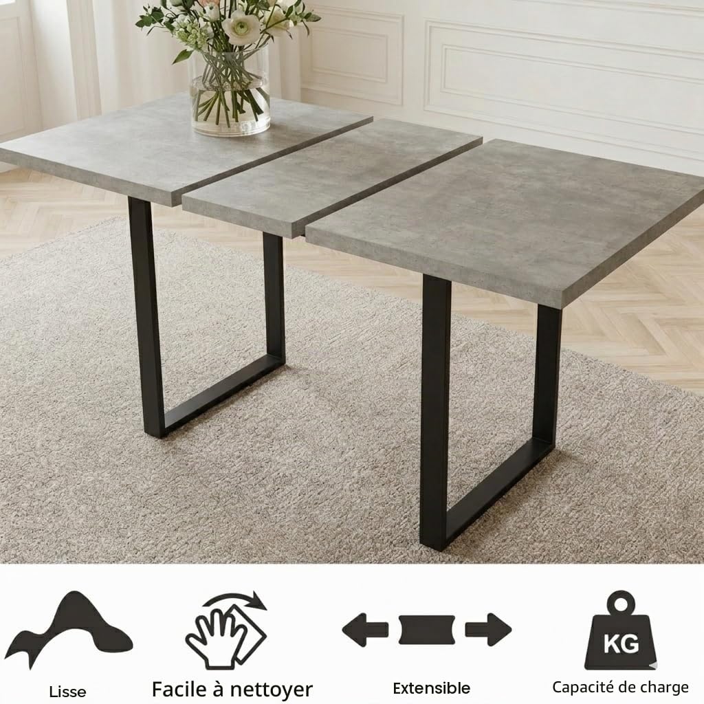 Table salle à manger extensible 130x170 cm MDF ciment 6 chaises textiles moderne